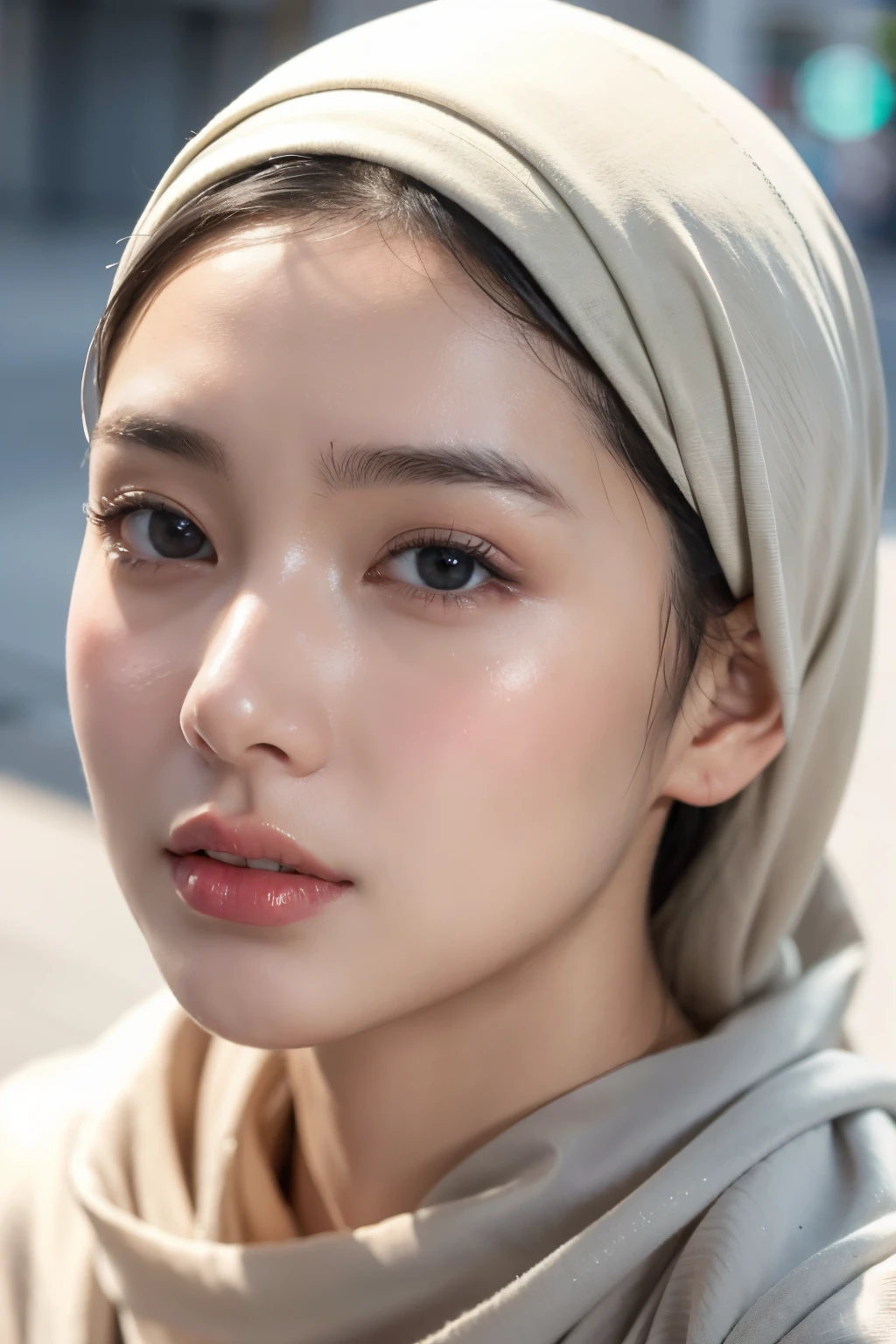 Photo portrait of a beautiful Bandung girl wearing a hijab and dimples, around 17 years old, (plain black hijab), (portrait medium shot:1.3), dramatic light, Rembrandt lighting scheme, (hyperrealism:1.2), (8K UHD: 1.2), ( photorealistic:1.2), shot with Canon EOS 5D Mark IV, facial detail, skin texture detail, smooth, flawless skin, glowing complexion, silky touch, even texture, blemish-free, radiant appearance, youthful look, soft and supple skin, poreless, perfect skin tone, porcelain-like complexion, velvety smoothness, dewy and fresh skin, natural beauty, healthy and vibrant skin, standing in street