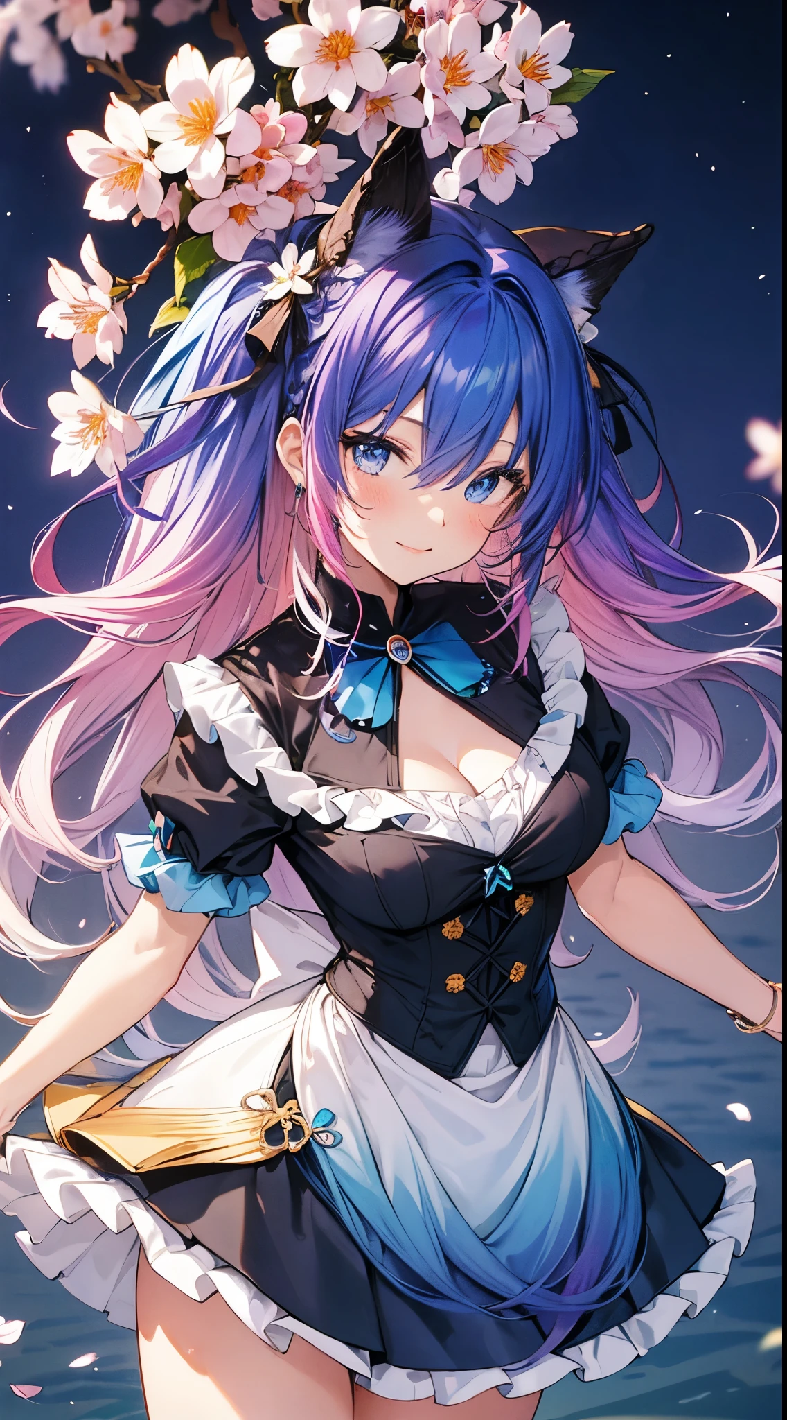 (gradient hair:1.6), dutch angle, film grain, chromatic aberration, starry sky, masterpiece, best quality, raw photo, photorealistic, absurdres, 1girl, cute, perspective, cowboy shot, highres, ultra detailed, finely detail, detailed eyes and face, sharp pupils, realistic pupils, sharp focus, summer, (white long dress:0.6), smiling at viewer Hearts, cute women with blue and purple hair, blue eyes, multicolored butterflies, water, cherry blossoms, large breasts, curvy figure