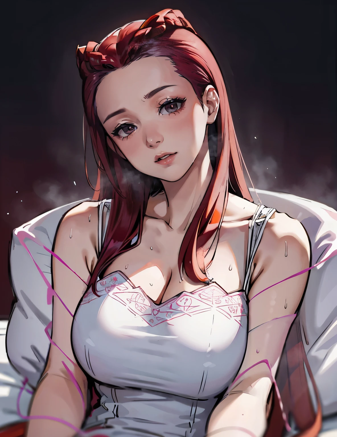 (best quality,4k,8k,high resolution,masterpiece:1.2),super detailed,(actual,realistically,realistically:1.37), Ultra high definition face, Dahlia Hawthorne, long red hair, Red eyes, Close-up of a woman in a skirt sitting on the bed, V-shaped bust clothes, , white dress, translucent dress, big cleavage, big deal breasts, big deal , 最big deal乳房, 巨big deal乳房, thin waist, fitness model, red face, Sweat