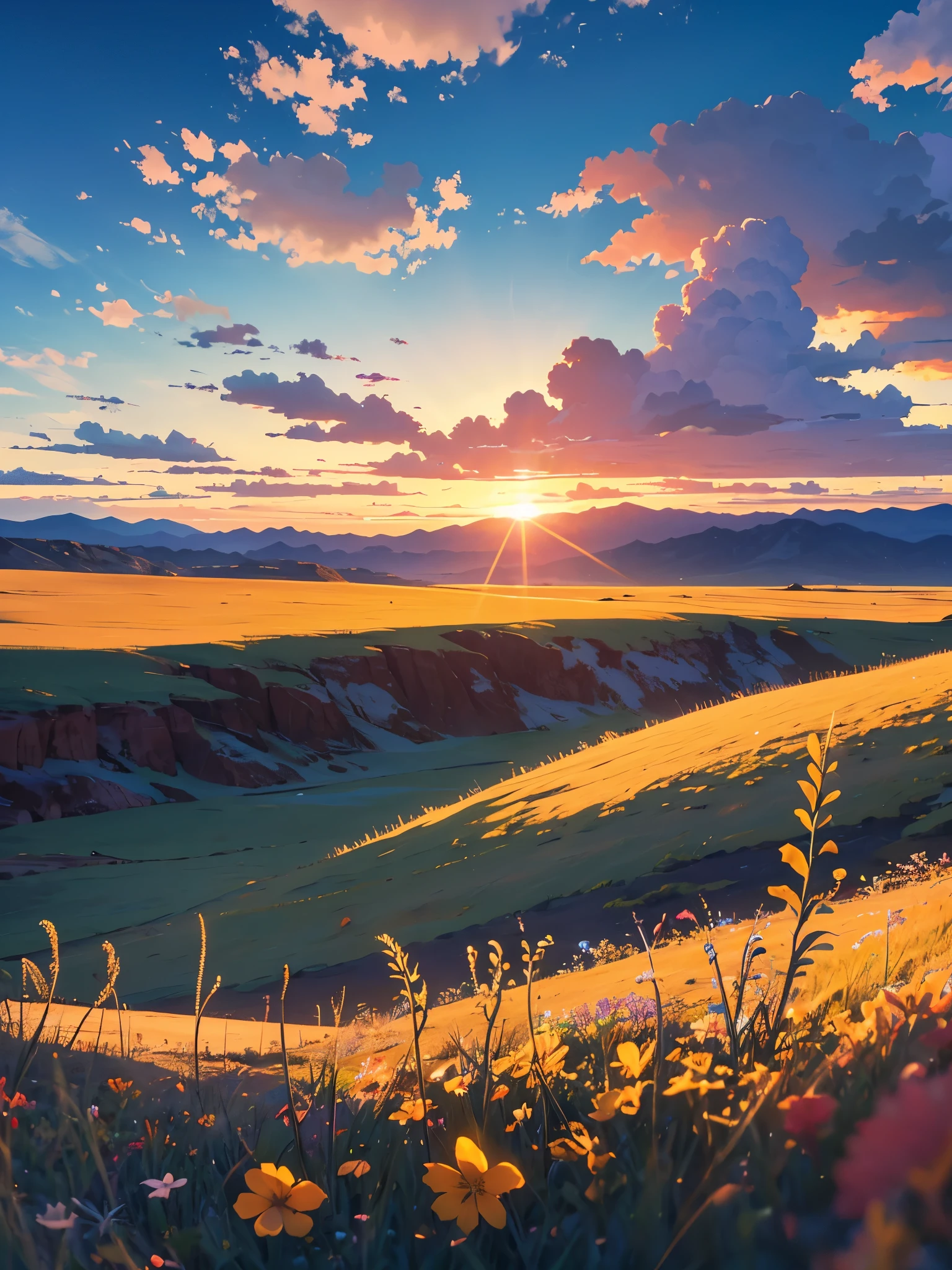 Sea, sand, grassland, wildflowers, desert, distant snowy mountains, sky, large stretching clouds, sunset, light penetrating the clouds to the ground, wide-angle lens shooting.