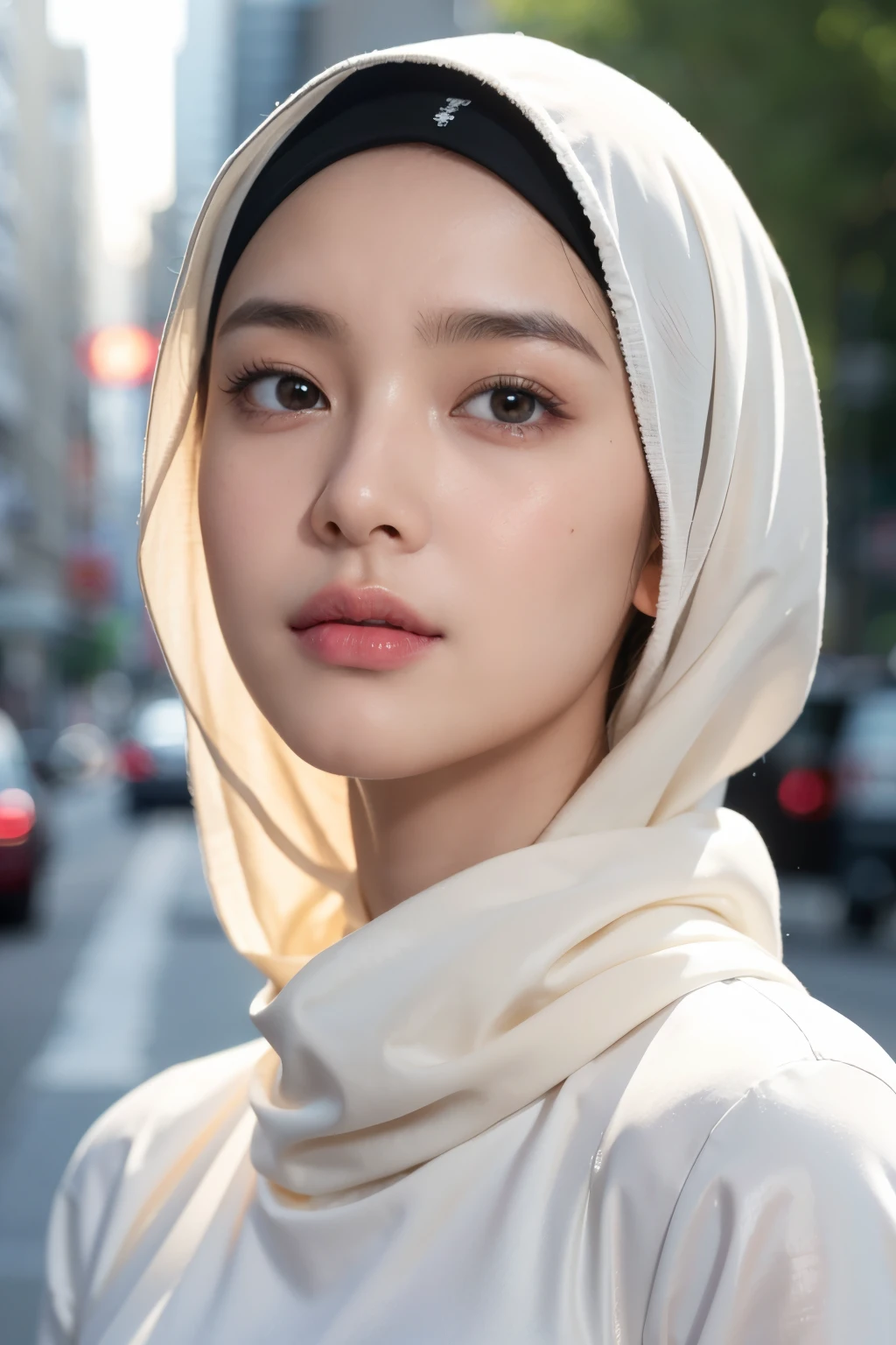 Photo portrait of a beautiful Bandung girl wearing a hijab and dimples, around 17 years old, (plain black hijab), (portrait medium shot:1.3), dramatic light, Rembrandt lighting scheme, (hyperrealism:1.2), (8K UHD: 1.2), ( photorealistic:1.2), shot with Canon EOS 5D Mark IV, facial detail, skin texture detail, smooth, flawless skin, glowing complexion, silky touch, even texture, blemish-free, radiant appearance, youthful look, soft and supple skin, poreless, perfect skin tone, porcelain-like complexion, velvety smoothness, dewy and fresh skin, natural beauty, healthy and vibrant skin, standing in street