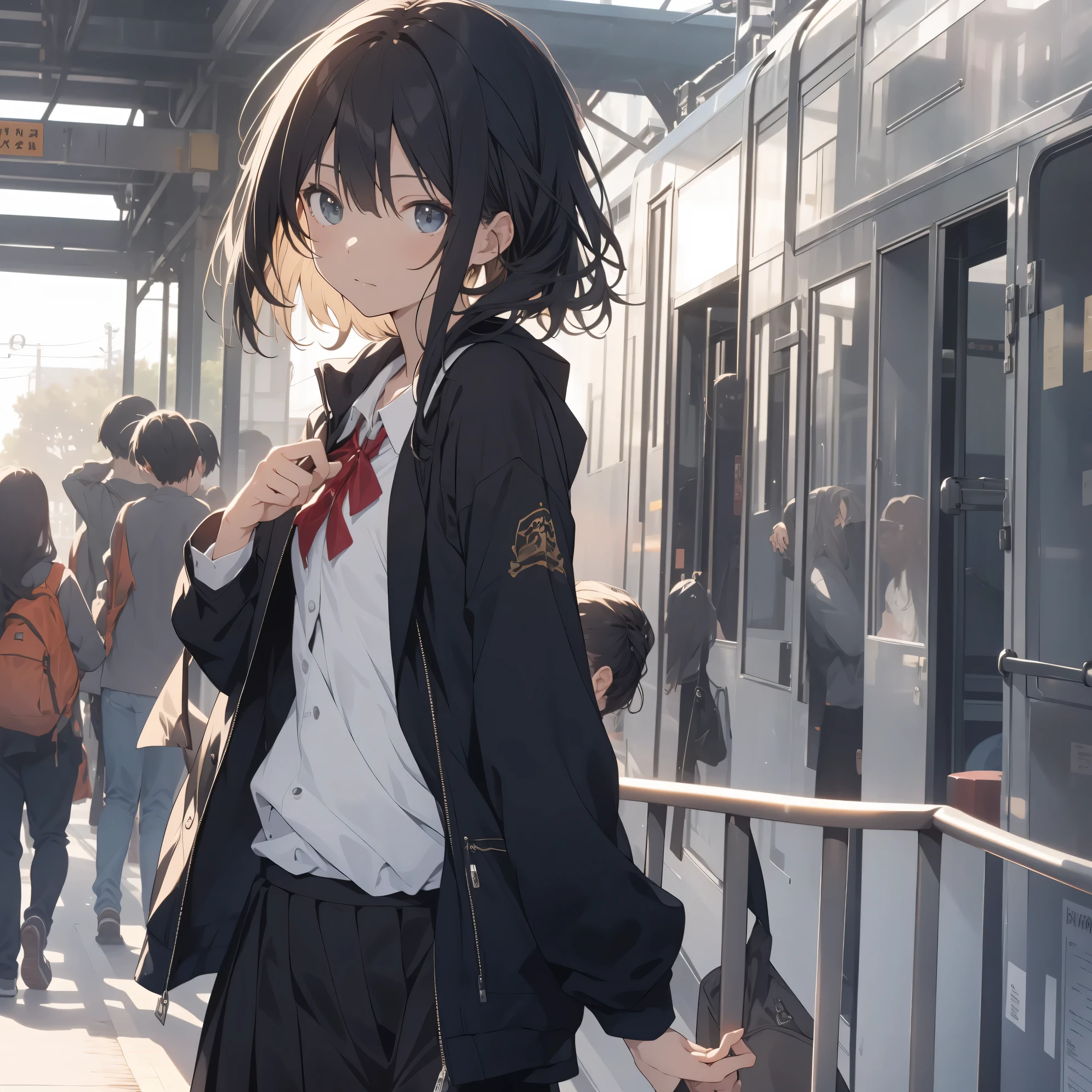 Ultra-highest quality by the art god, super detailed, High resolution, Oyari Ashito style, anime moe art style, Best Anime 8K Kona-chan Wallpaper, pixiv contest winner, perfect anatomy, break,(Please draw a girl walking sleepily to school alone. )break, girl:(alone,little woman,:1.3),All limbs, full finger,, The charm of an immature body, (very short hair,boyish hair), flat chest, Because I&#39;m slender, small ass, between legs,big black eyes, detailed and beautiful eyes, Well-proportioned iris and pupils, expressive eyes, High resolutionの詳細な髪, ribbon, Ascot, school uniform, school bag.(detailed lighting), (detailed background), On the way to school. break,super dense skin, Best lighting by famous artists, 8k, figure,Hmm, rough skin