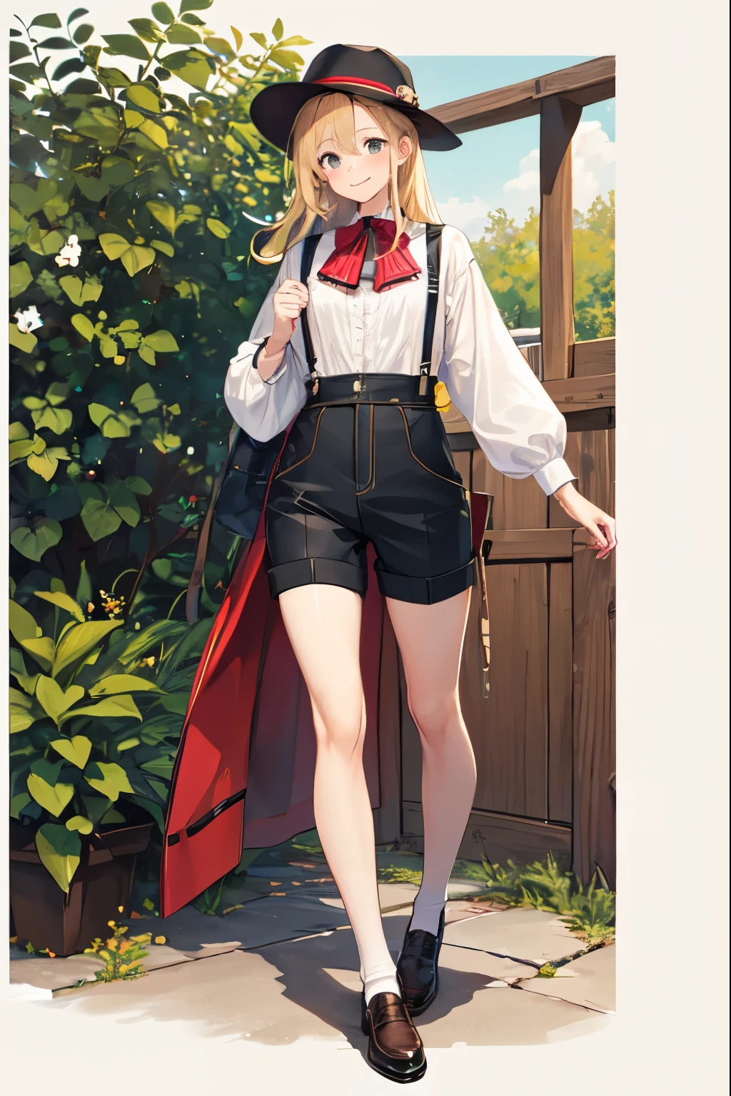 lederhosen(German national costume for men、Shorts made of deerskin and suspenders are integrated.)、hat、shirt、socks、shoes、Woman dressed as a man、blonde、ranch background、happy look、smile、