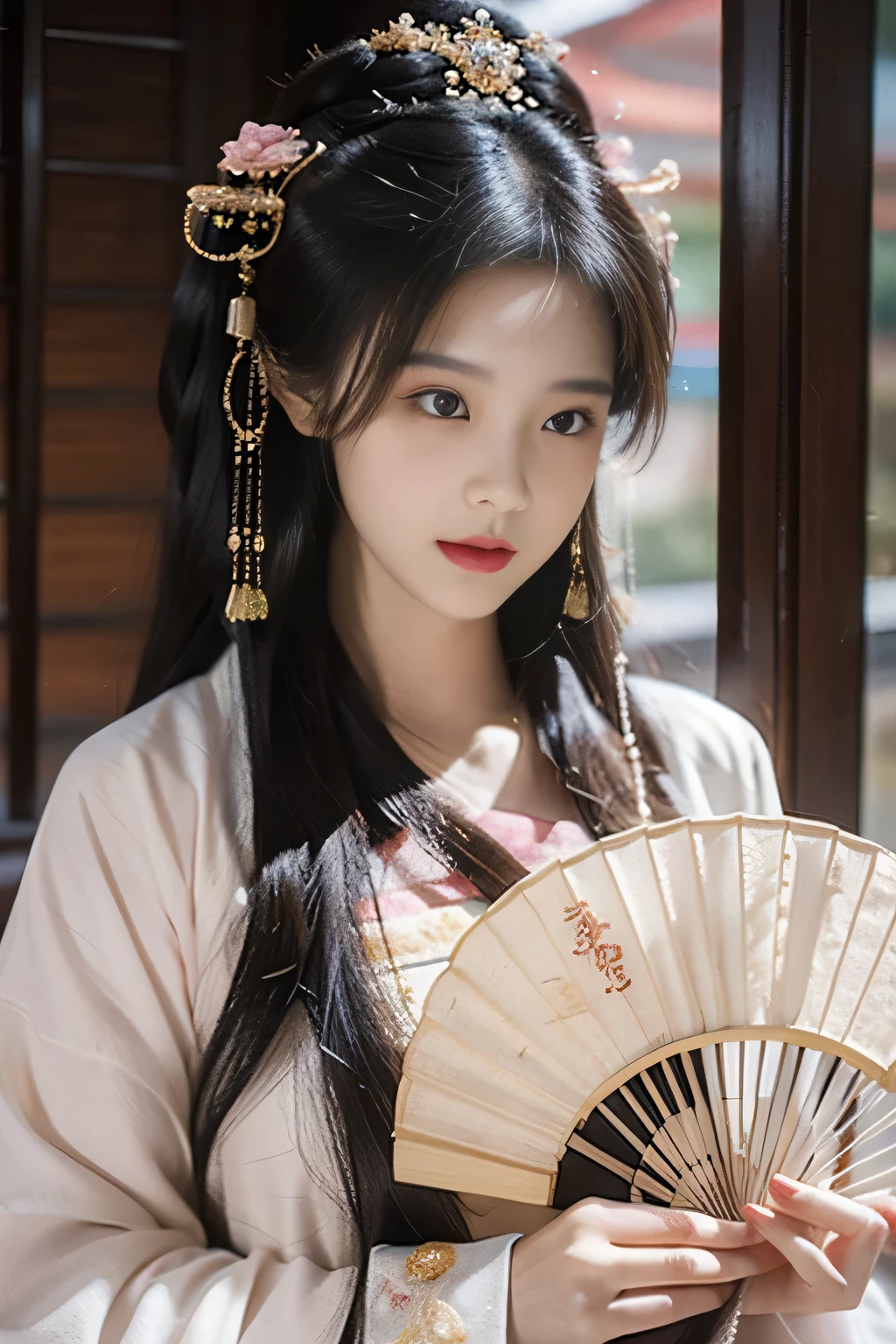 One of them is wearing a pink dress、Close-up of woman holding fan, Chinese style, traditional Chinese, palace , girl wearing hanfu, chinese princess, traditional beauty, ancient chinese princess, ancient chinese beauties, Chinese girl, chinese woman, Gorgeous Chinese model, Beautiful renderings of the Tang Dynasty, Ruan Jia Meili!, ((beautiful fantasy queen)), Wearing ancient Chinese clothing