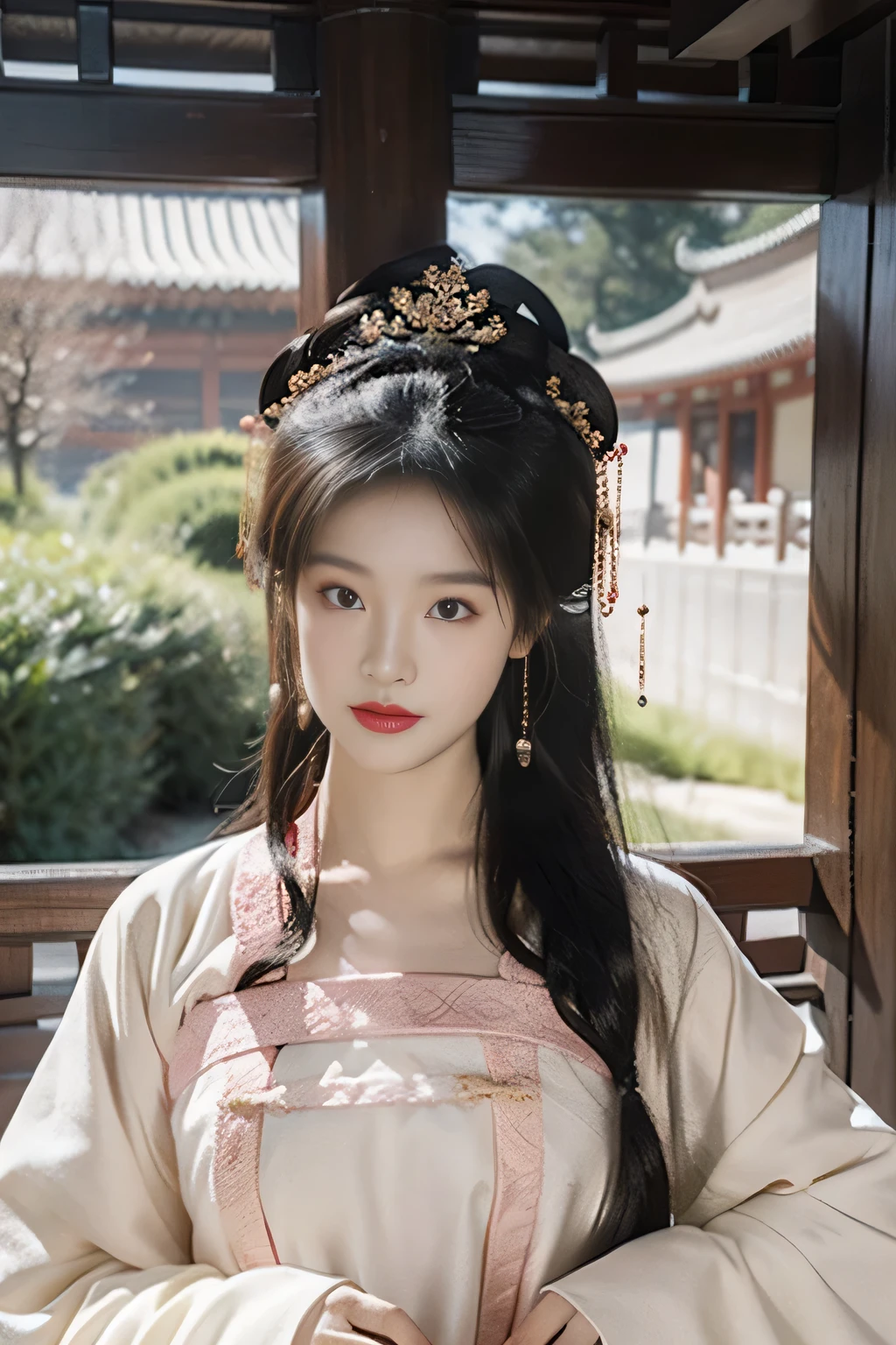 One of them is wearing a pink dress、Close-up of woman holding fan, Chinese style, traditional Chinese, palace , girl wearing hanfu, chinese princess, traditional beauty, ancient chinese princess, ancient chinese beauties, Chinese girl, chinese woman, Gorgeous Chinese model, Beautiful renderings of the Tang Dynasty, Ruan Jia Meili!, ((beautiful fantasy queen)), Wearing ancient Chinese clothing