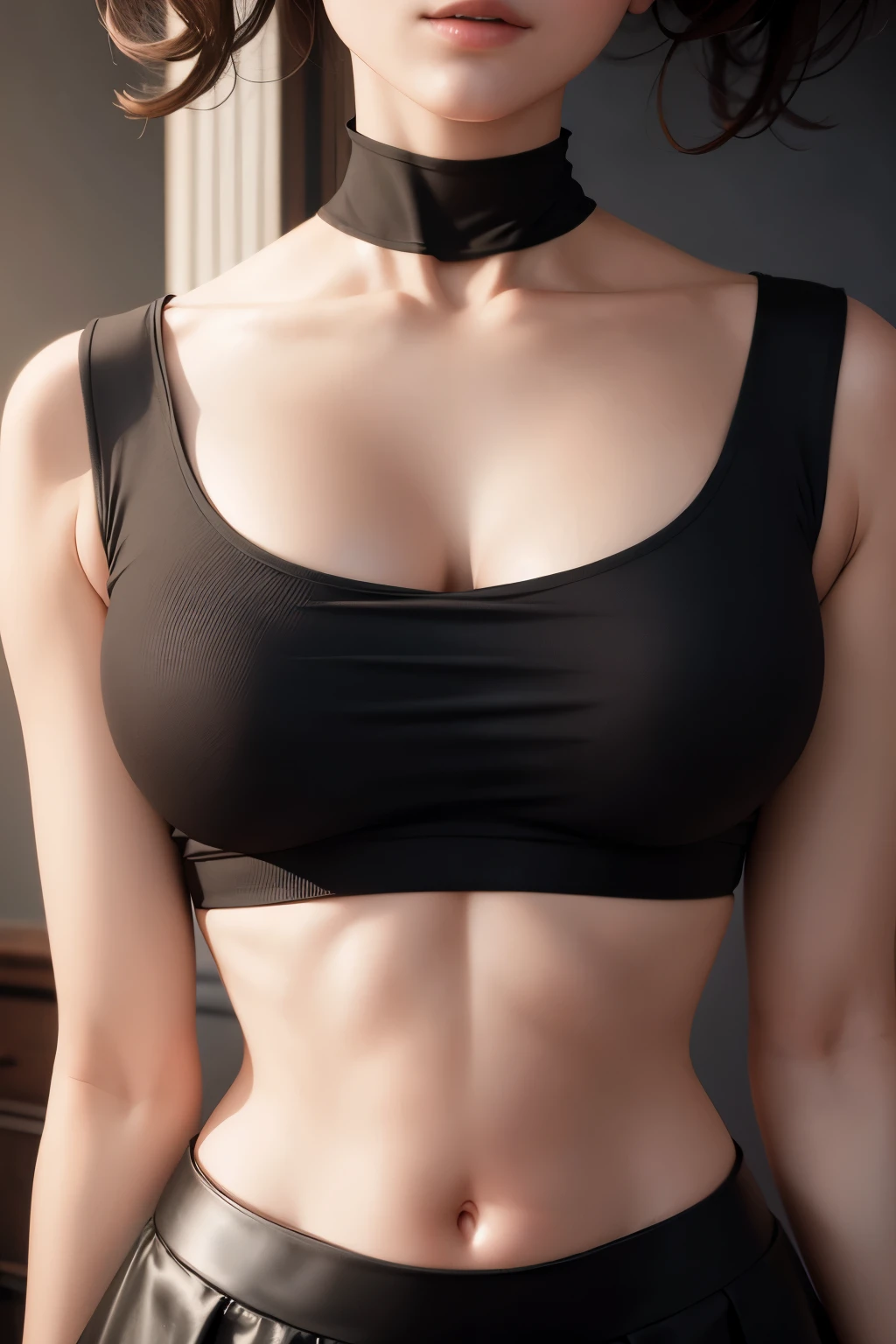 (masterpiece), best quality, perfect woman body, body focus,  from the neck down, close-up, from above, crop top, black skirt