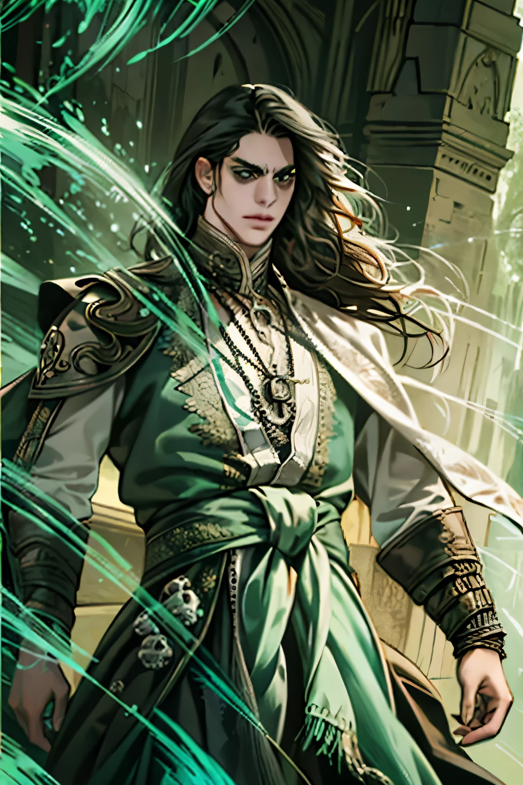 Realistic, Masterpiece, Best quality, colorful,(finely detailed beautiful eyes and detailed face),Natural lighting, extremely detailed CG Unity 8k wallpaper, 1 boy, tall muscular guy, cloth: Intricate Necromancer Robe, Accessories: necklace, bracelet. Appearance: long black tousled hair, dark pupils, green glowing eyes, long bangs, Gloomy, background: simple background, skull, Spirits & Ghosts, windy, wind