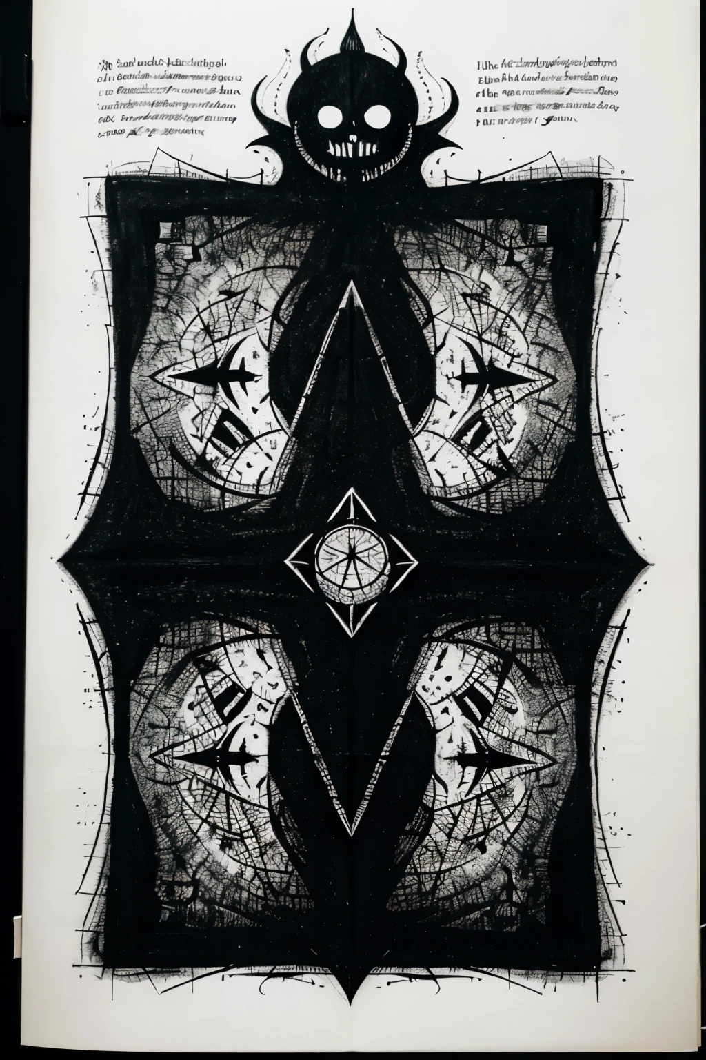 drawing on yellowish paper, ominous symbols, Sinister creature, beyond consciousness, defy logic, Black lines, description in unknown language, call page, boundless horror, illustration of dangerous abomination, description of the summoning ritual, a page from the Necronomicon, black and white drawing, entire page in unknown horror symbols