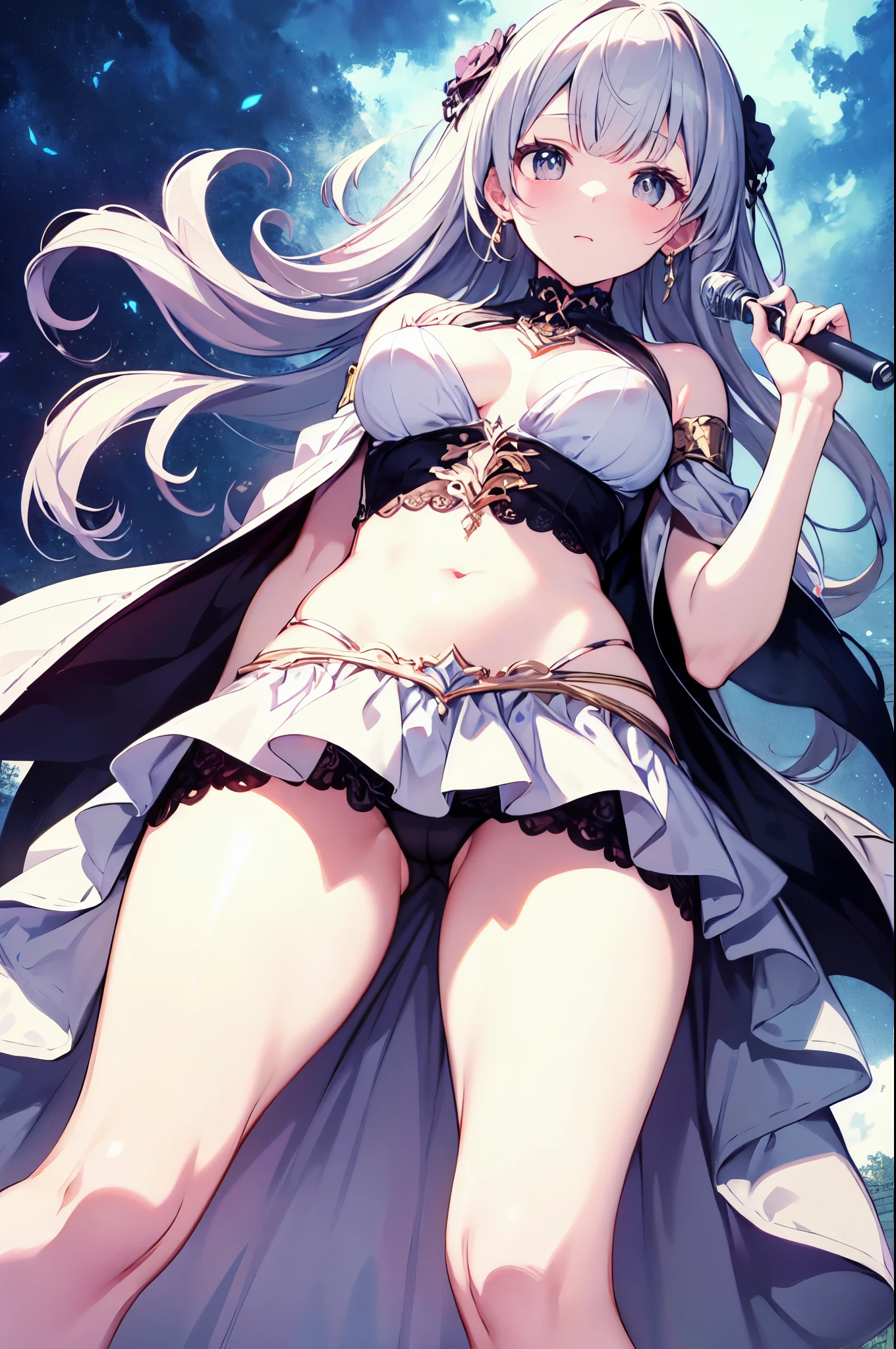 (masterpiece)、(highest quality)、((Super detailed))、(super delicate)、Ero cute、pastel colored hair、beautiful breasts、beautiful thighs、Gorgeous、fantastic sky、Gold, silver, and pale dress、look up from below