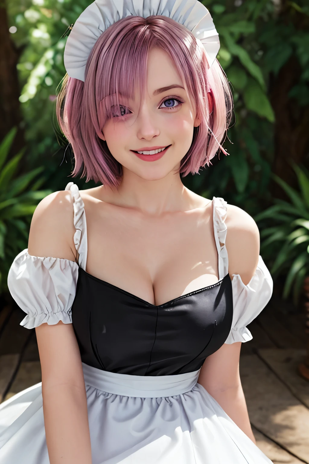 best quality, masterpiece, highres, solo, {maid:1.40}, {long maid dress:1.15}, {mash_kyrielight_fgo:1.15}, short_hair, purple_eyes, hair_over_one_eye, blush, breasts, pink_hair, bangs, smile, large_breasts