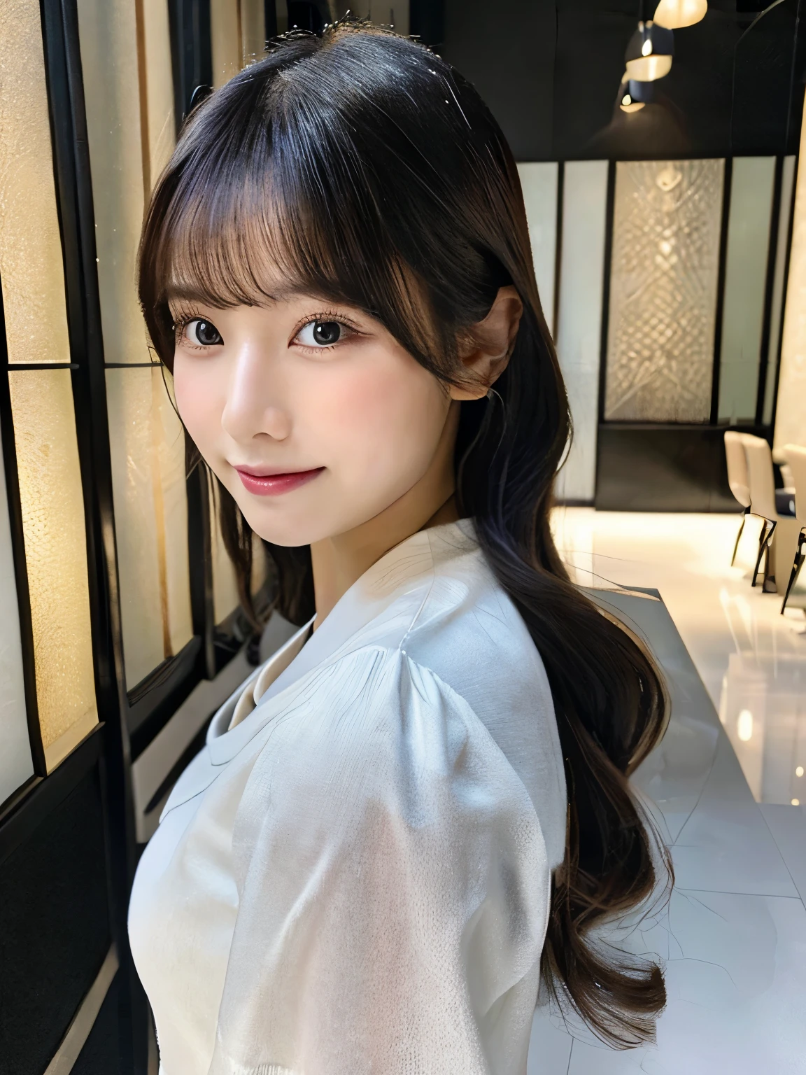 Hermosa chica japonesa de cabello largo y lacio deojos grandes verdes, piel de porcelana, hermoso rostro asiatico, aesthetic and pretty face, rostro bonito, japanese makeup, rostro delgado, cuerpo delgado y bonito, cuerpo perfecto. Foto de perfil.