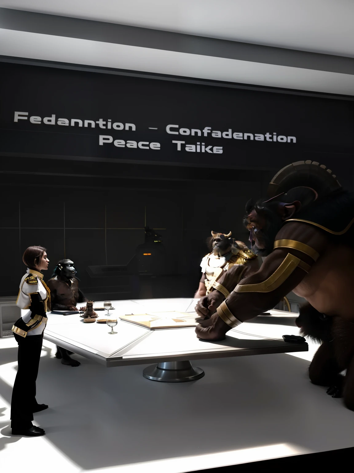 there are 4 people standing around a table in a room, (peace talks between a short haired female admiral and a chimpanzee on the left and a female Minotaur and large male Minotaur on the right), futuristic government chambers, far - mid shot, photo realistic, hyper realistic science fiction peace talks, mean tauren trying to intimidate a female admiral, masterpiece, 2 taurens talking to a female admiral and neochimp