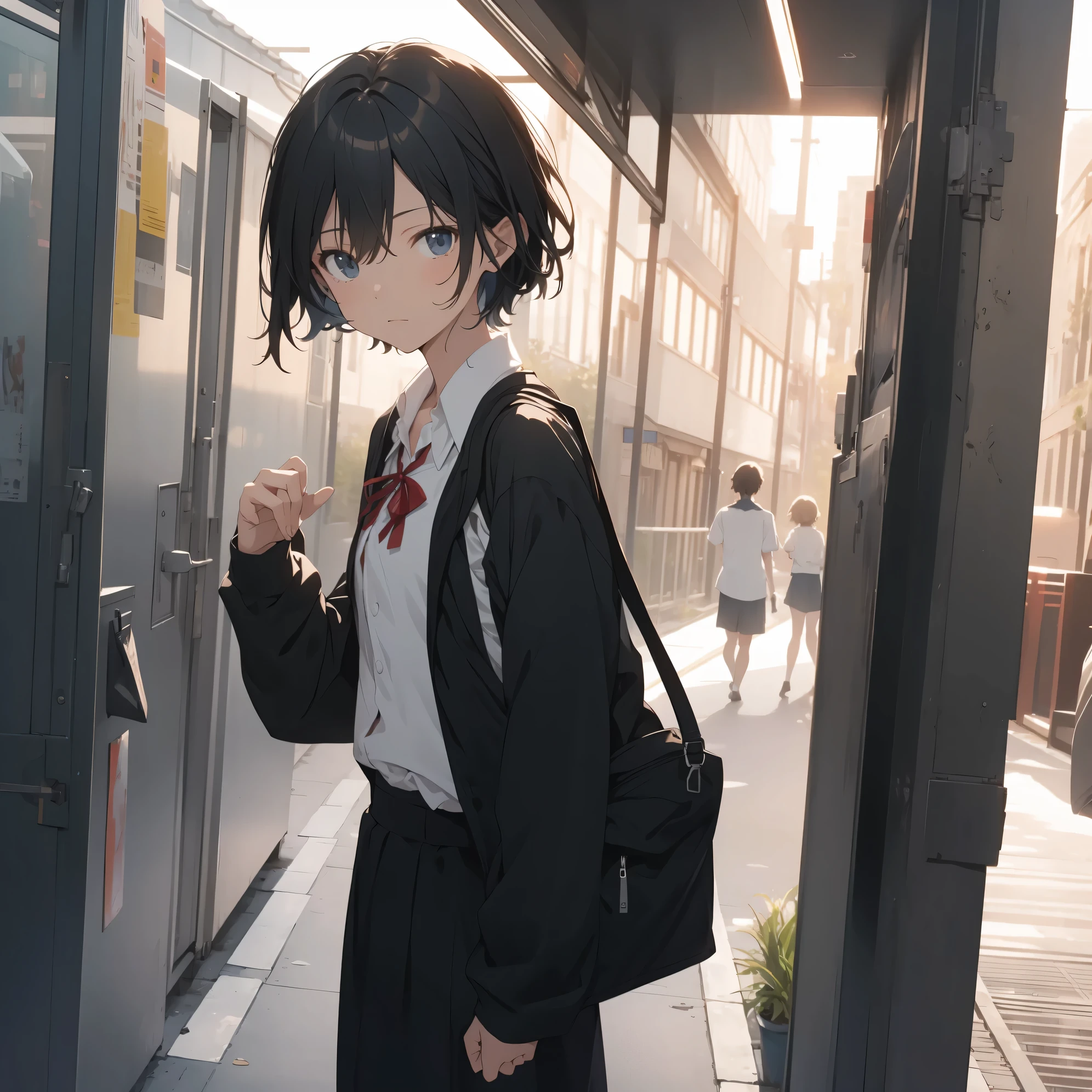 Ultra-highest quality by the art god, super detailed, High resolution, anime moe art style, Best Anime 8K Kona-chan Wallpaper, pixiv contest winner, perfect anatomy, break,(Please draw a girl walking sleepily to school alone. )break, girl:(alone,little woman,13 years old:1.3),All limbs, full finger,, The charm of an immature body, (very short hair,boyish hair), flat chest, Because I'm slender, small ass, between legs,big black eyes, detailed and beautiful eyes, Well-proportioned iris and pupils, expressive eyes, High resolutionの詳細な髪, ribbon, Ascot, school uniform, school bag.(detailed lighting), (detailed background), On the way to school. break,super dense skin, Best lighting by famous artists, 8k, figure,Hmm, rough skin