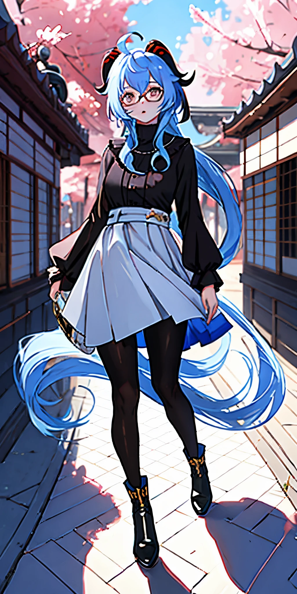 1 girl, necklace, whole body, standing ceremony, Thousands of addresses, slutty white_Skirt,  long_Hairy pubic area, long_dispel, Ahoge, Panty stocking, of glasses, black legwear, black footwear, Knee-high boots,  
tree, wind, blue_sky porn, Cherry Blossom, east asian architecture, stone floor,, strange atmosphere, (best quality:1.1), (muste piece:1.2), high quality shadow, beautiful detailed milf, (high detailed skin, skin details), (wide_landscape, 8K), pretty face, detailed eyes, Depth of the bounds written, dramatic light, best quality, High resolution, best shadow, best illumination,