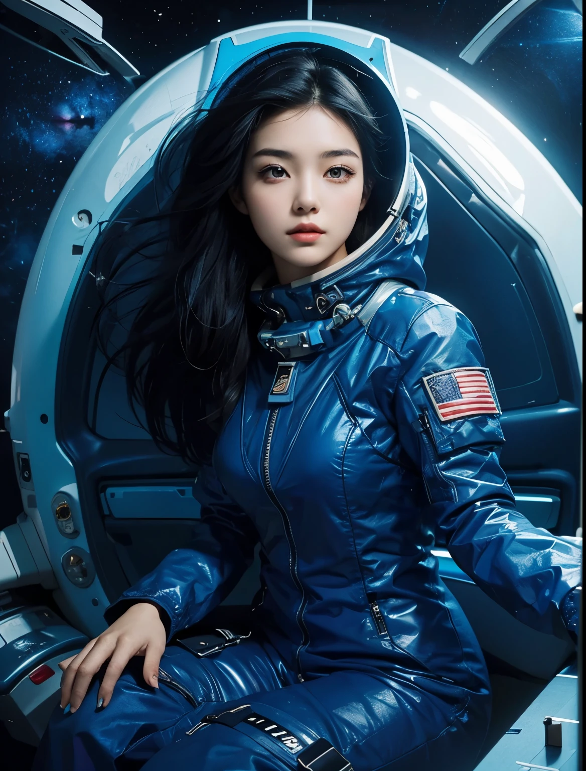 A beautiful woman. Black hair. Twenty years old. She is wearing a blue-based space suit. She's in a spaceship.