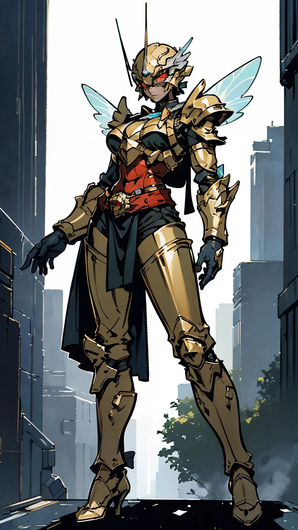 A woman adorned in fantasy-style full-body armor, a crown-concept fully enclosed helmet that unveils only her eyes, a composite layered chest plate, fully encompassing shoulder and hand guards, a lightweight waist armor, form-fitting shin guards, the overall design is heavy-duty yet flexible, (the armor gleams with a golden glow, complemented by red and blue accents), exhibiting a noble aura, she floats above a fantasy-surreal high-tech city, this character embodies a finely crafted fantasy-surreal style armored hero in anime style, exquisite and mature manga art style, (mixture of Queen bee and Spider concept Armor, plasma), ((Element, elegant, goddess, femminine:1.5)), metallic, high definition, best quality, highres, ultra-detailed, ultra-fine painting, extremely delicate, professional, anatomically correct, symmetrical face, extremely detailed eyes and face, high quality eyes, creativity, RAW photo, UHD, 32k, Natural light, cinematic lighting, masterpiece-anatomy-perfect, masterpiece:1.5