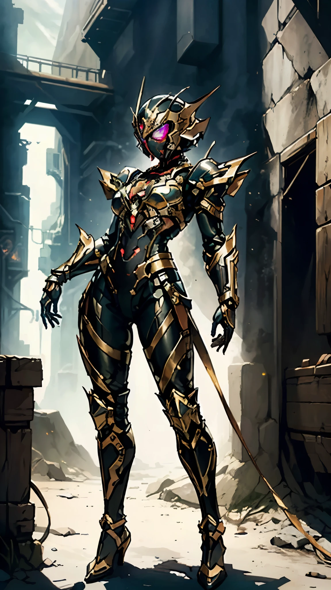 A woman adorned in fantasy-style full-body armor, a crown-concept fully enclosed helmet that unveils only her eyes, a composite layered chest plate, fully encompassing shoulder and hand guards, a lightweight waist armor, form-fitting shin guards, the overall design is heavy-duty yet flexible, (the armor gleams with a golden glow, complemented by red and blue accents), exhibiting a noble aura, she floats above a fantasy-surreal high-tech city, this character embodies a finely crafted fantasy-surreal style armored hero in anime style, exquisite and mature manga art style, (mixture of Queen bee and Spider concept Armor, plasma), ((Element, elegant, goddess, femminine:1.5)), metallic, high definition, best quality, highres, ultra-detailed, ultra-fine painting, extremely delicate, professional, anatomically correct, symmetrical face, extremely detailed eyes and face, high quality eyes, creativity, RAW photo, UHD, 32k, Natural light, cinematic lighting, masterpiece-anatomy-perfect, masterpiece:1.5