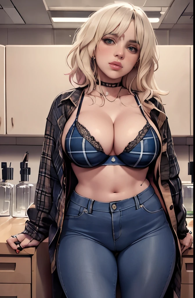 Billie Eilish, blue plaid shirt, blue jeans, choker necklace, working in laboratory, in laboratory, working with chemistry equipment, breasts covered by shirt, detailed hands, HD fingers, cameltoe, wedgie, pussy outline, exposed cleavage, ((small breasts))