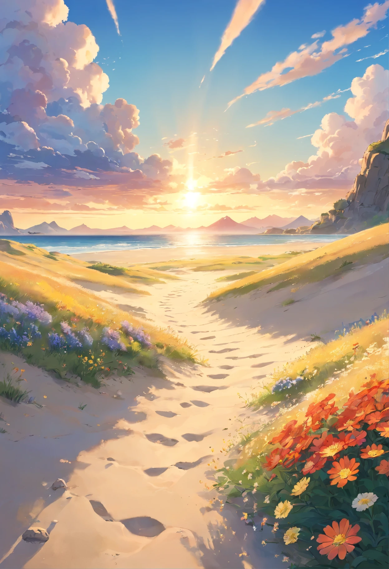 Sea, sand, grassland, wildflowers, desert, distant snowy mountains, sky, large stretching clouds, sunset, light penetrating the clouds to the ground, wide-angle lens shooting