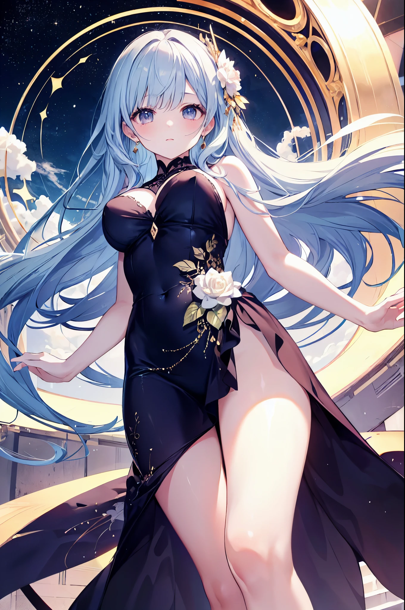 （masterpiece）、(highest quality)、((Super detailed))、(super delicate)、Ero cute、pastel colored hair、beautiful breasts、beautiful thighs、Gorgeous、fantastic sky、Gold, silver, and pale dress、look up from below