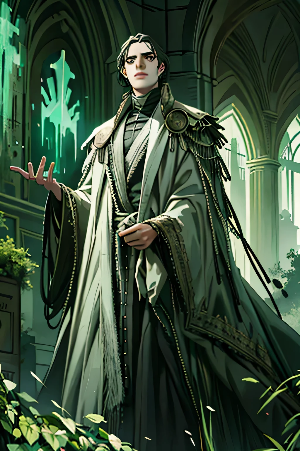 Realistic, Masterpiece, Best quality, colorful,(finely detailed beautiful eyes and detailed face),daylight, extremely detailed CG Unity 8k wallpaper, 1 boy, High, skinny guy, textile: Necromancer&#39;s Grim Robe. Appearance: black disheveled hair, dark pupils, green glowing eyes, long bangs, gloomy background: simple background, graves ,cemetery, scull, there are spirits and ghosts around,