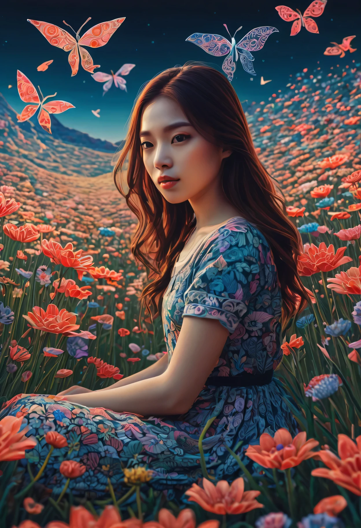 A girl waiting for her lover in a spring flower field、 Scenes are rendered with intricate Zentangle details, similar to origami. The artwork has a cinematic feel, Emotional, and great atmosphere. Colors present a bright and vibrant palette, And the lighting creates a dramatic effect.., cast shadows and illuminate the surroundings. The resulting images are of the highest quality, Guarantees high-resolution details and masterpiece-worthy results. ,....by myself...lol
