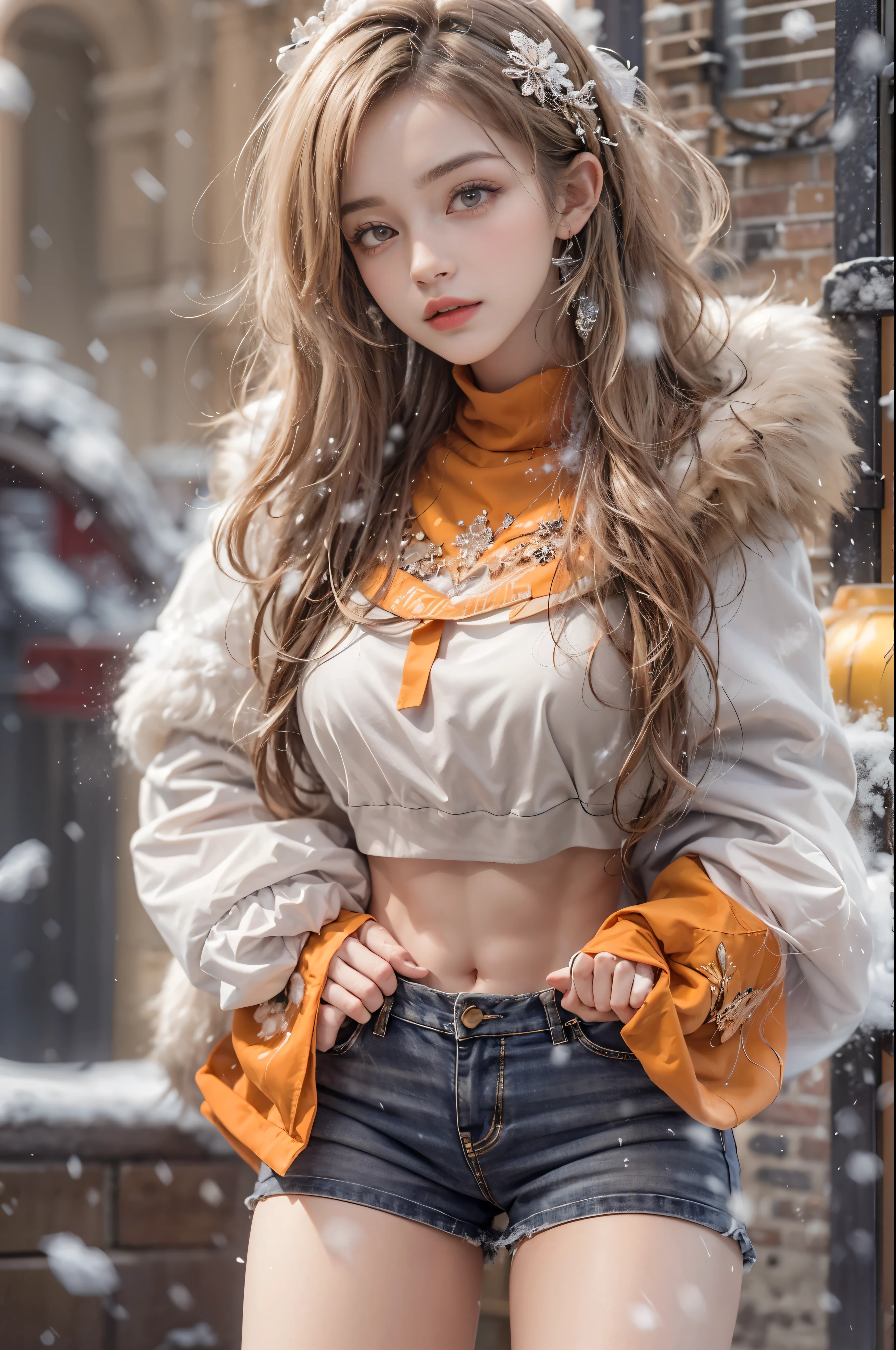 masterpiece, best quality, high quality, High definition, High quality texture, High quality shadow, high detail, beautiful detailed, finely detailed, extremely detailed cg, detailed texture, a realistic representation of the face, realistic, colorful, delicate, sharp focus, (intricate details, makeup, PureErosFace_V1:0.5), (detailed beautiful delicate face, detailed beautiful delicate eyes, a face of perfect proportion, high detailed skin, detailed skin, best ratio four finger and one thumb, skiny and thin:1.3), 1girl, 17 years old, tall, (smooth_abs:1.55), (abs:0.5), pretty, masterpiece, highres, (long_skinny_legs), (straight_legs), (skinny_waist), (((fair skin))), white skin, (((pale skin))), (Emma_watson), big_breast, (((Caucasian))), Light blonde hair, orange Bandeau, orange short pleated skirt, standing legs apart, looking at viewer, full body, portrait of cute blonde girl, (outside，Heavy snowfall，Cloak，Cover with snow)，showing abdomen, snowfield, bloom, white fog, motion, wispy hair, realism, high-quality rendering, stunning art, high quality, film grain, Fujifilm XT3, dreamy