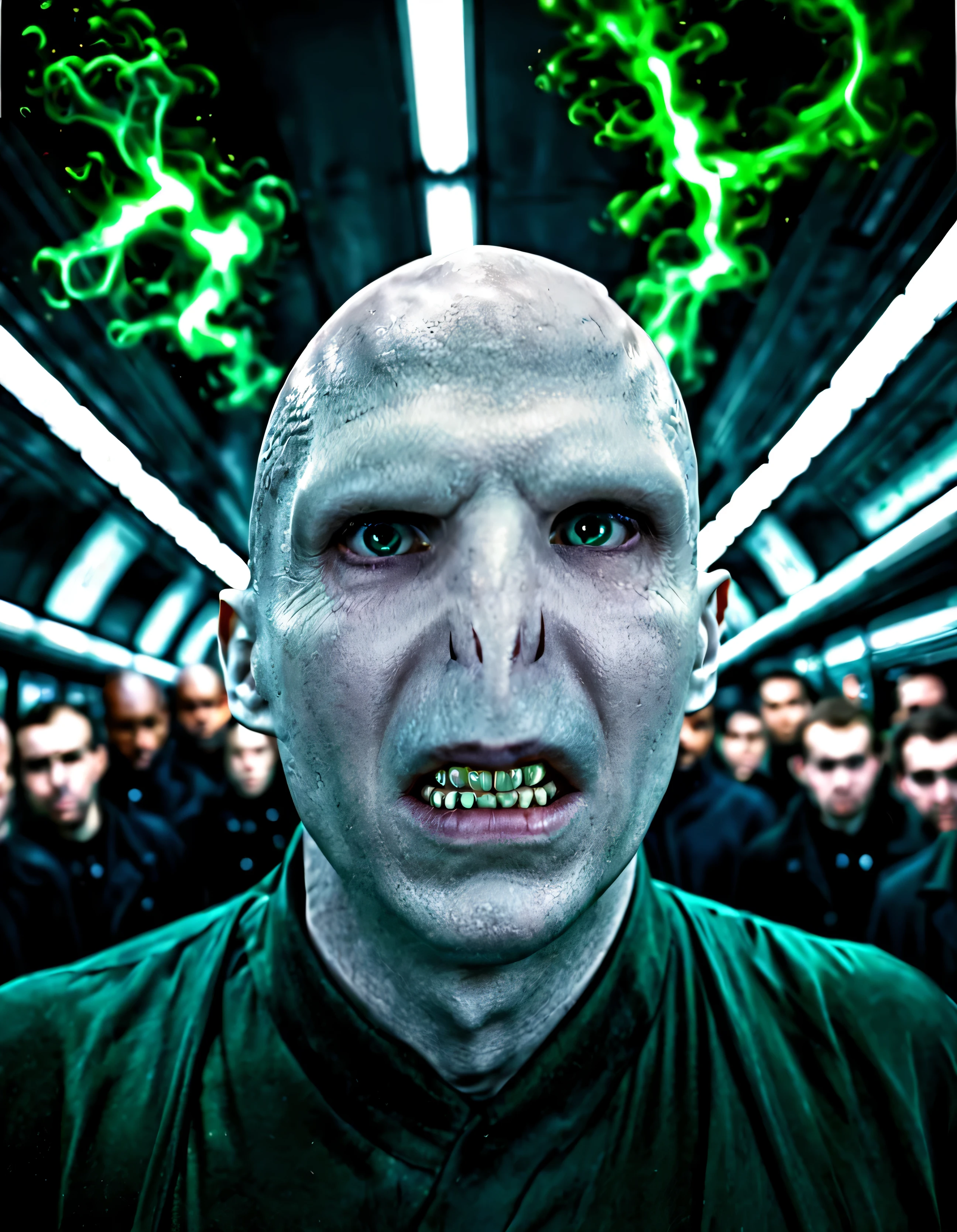 cinematic photo  voldemort standing in crowded subway, london, angry, detailed-eyes . low -angle 35mm photograph, film, bokeh, professional, 4k, highly detailed . 35mm photograph, film, bokeh, professional, 4k, highly detailed, high saturation, (green) swirling magical rays in background