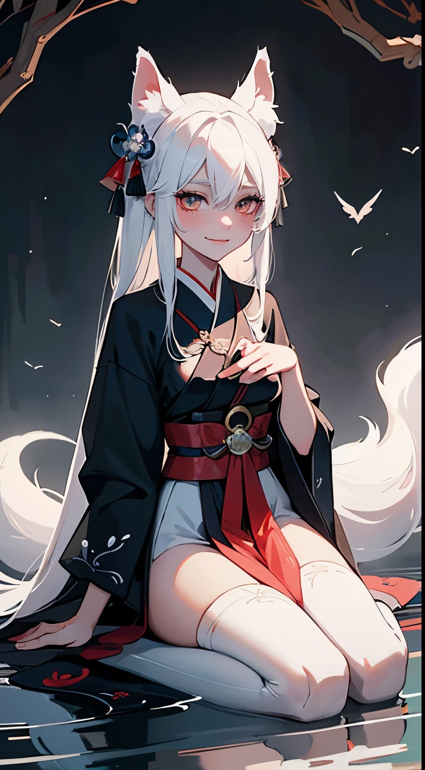 Drawing of a with white hair sitting on a branch, ethereal , Kyuubi three-tailed , Onmyoji Detailed Art, Kyuubi, fox ears,Beautiful artistic illustration, mythical creatures, Beautiful digital art work, Beautiful digital illustrations, Water often, 灵感来自mythical creatures Wildnet, Digital art on pixiv, Bright light, high contrast, horror theme, dark atmosphere,seductive,naughty smile,shy,blush,long white hair,sit on the floor,Bright Eyes,