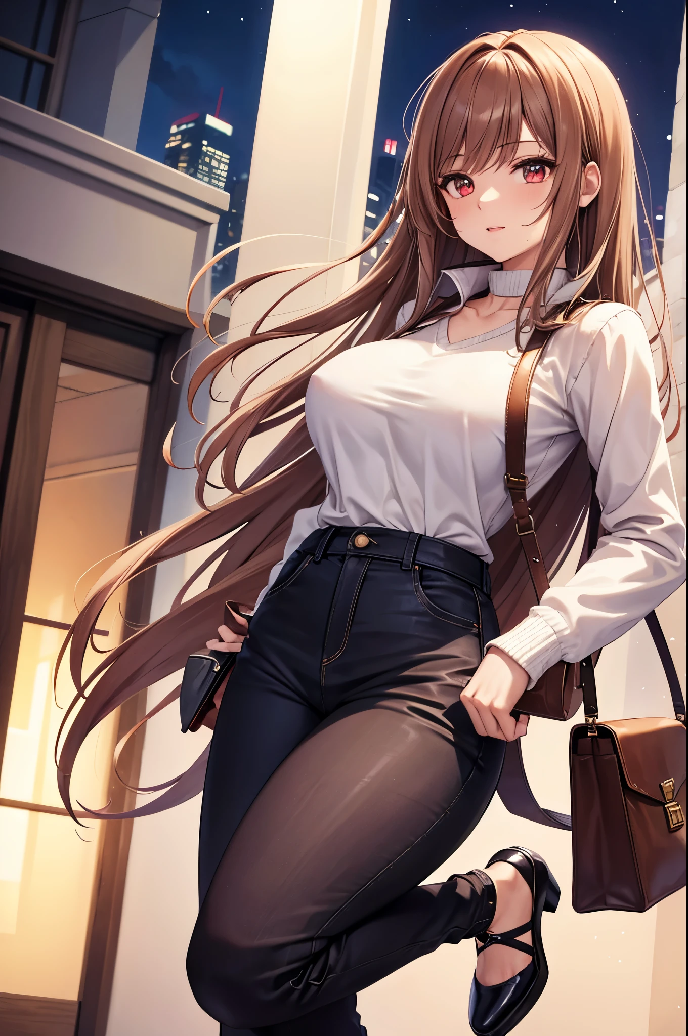 Game , goddess of victory nikke, Rapi , light brown hair, alluring eyes ,beautiful face , crystal red eyes , long hair ,sweater shirt, long sleeve, v neck, cream colour shirt, trousers, jean trousers, 1 hand bag, cheerful eyes, ,g cup breast, slender waist, bewitching thighs, , five fingers each hand, two hand ,two leg , in town, date, hunch over, standing, beautiful, high heels, night life