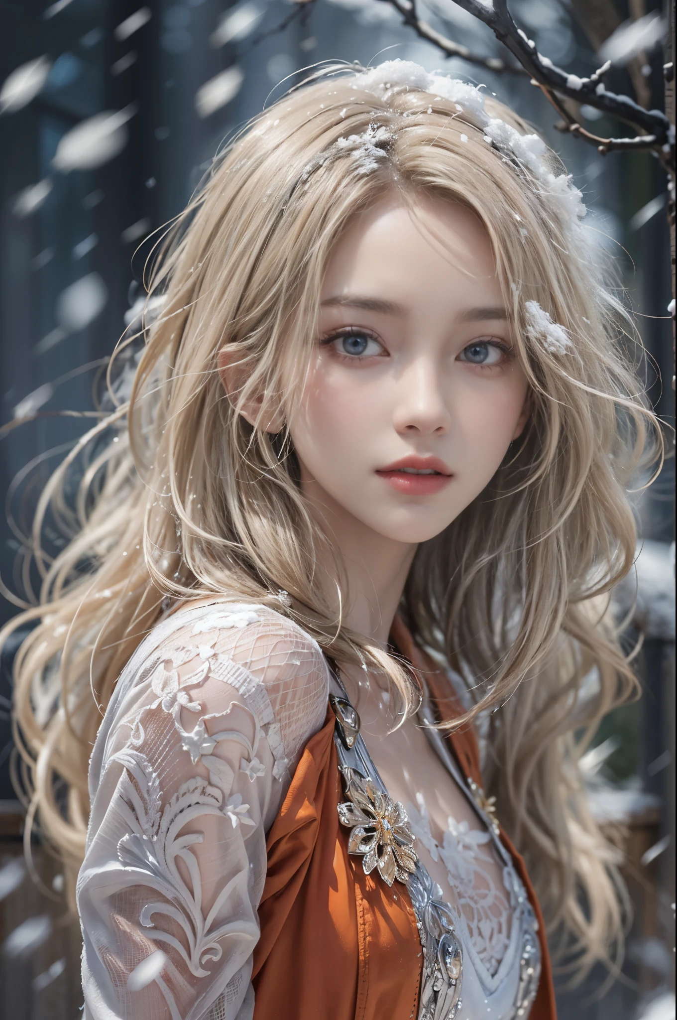 masterpiece, best quality, high quality, High definition, High quality texture, High quality shadow, high detail, beautiful detailed, finely detailed, extremely detailed cg, detailed texture, a realistic representation of the face, realistic, colorful, delicate, sharp focus, (intricate details, makeup, PureErosFace_V1:0.5), (detailed beautiful delicate face, detailed beautiful delicate eyes, a face of perfect proportion, high detailed skin, detailed skin, best ratio four finger and one thumb, skiny and thin:1.3), 1girl, 17 years old, tall, (smooth_abs:1.55), (abs:0.5), pretty, masterpiece, highres, (long_skinny_legs), (straight_legs), (skinny_waist), (((fair skin))), white skin, (((pale skin))), (Emma_watson), big_breast, (((Caucasian))), Light blonde hair, orange Bandeau, orange short pleated skirt, standing legs apart, looking at viewer, full body, portrait of cute blonde girl, (outside,Heavy snowfall,,Cover with snow),showing abdomen, showing abs, snowfield, bloom, white fog, motion, wispy hair, realism, high-quality rendering, stunning art, high quality, film grain, Fujifilm XT3, dreamy