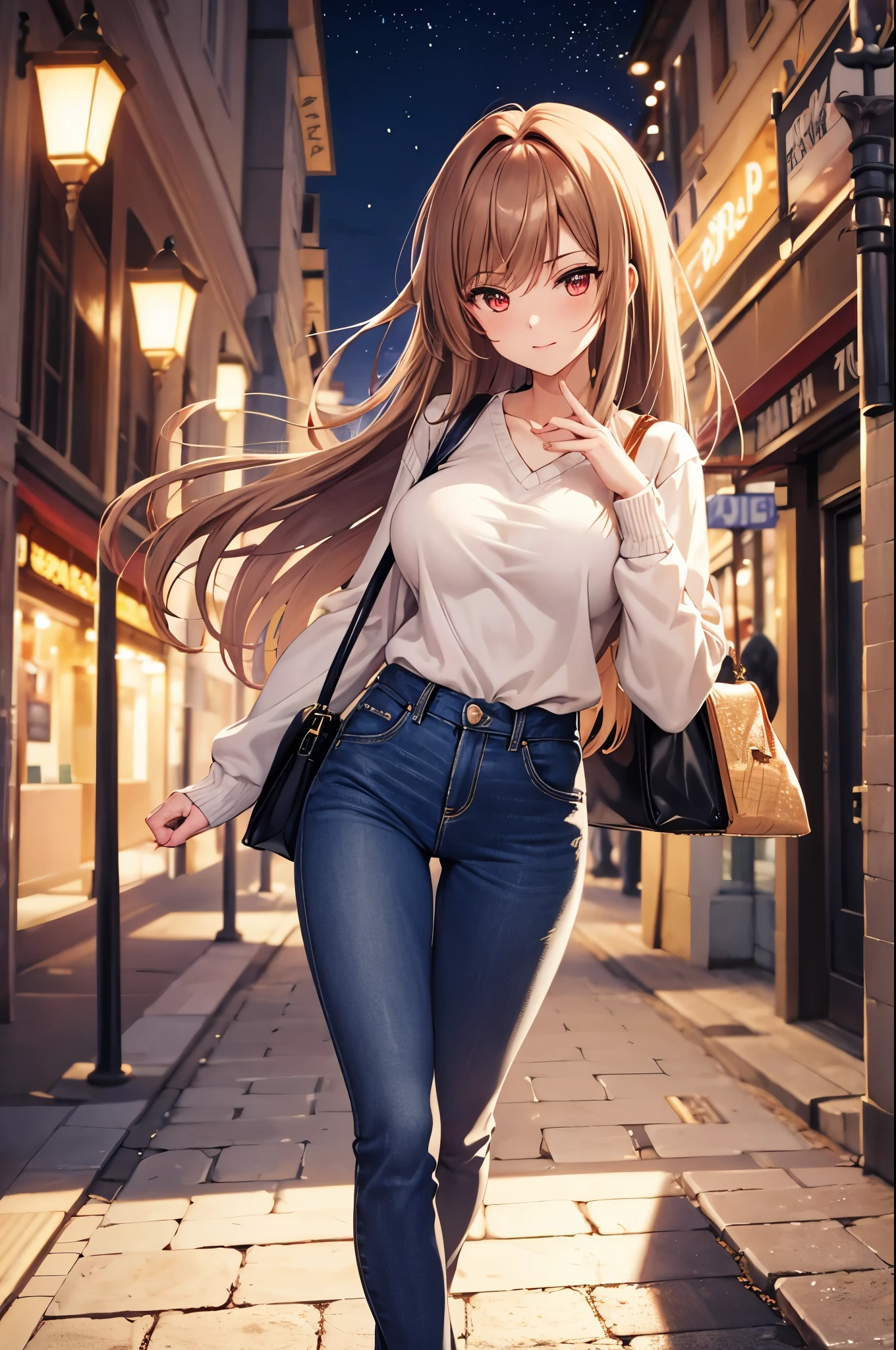 Game , goddess of victory nikke, Rapi , light brown hair,  alluring eyes ,beautiful face , crystal red eyes ,  long hair ,sweater shirt, long sleeve, v neck, cream colour shirt, trousers, jean trousers, 1 hand bag, cheerful eyes, ,g cup breast, slender waist, bewitching thighs, , five fingers each hand, two hand ,two leg , in town, date, hunch over, standing, beautiful, high heels, night life