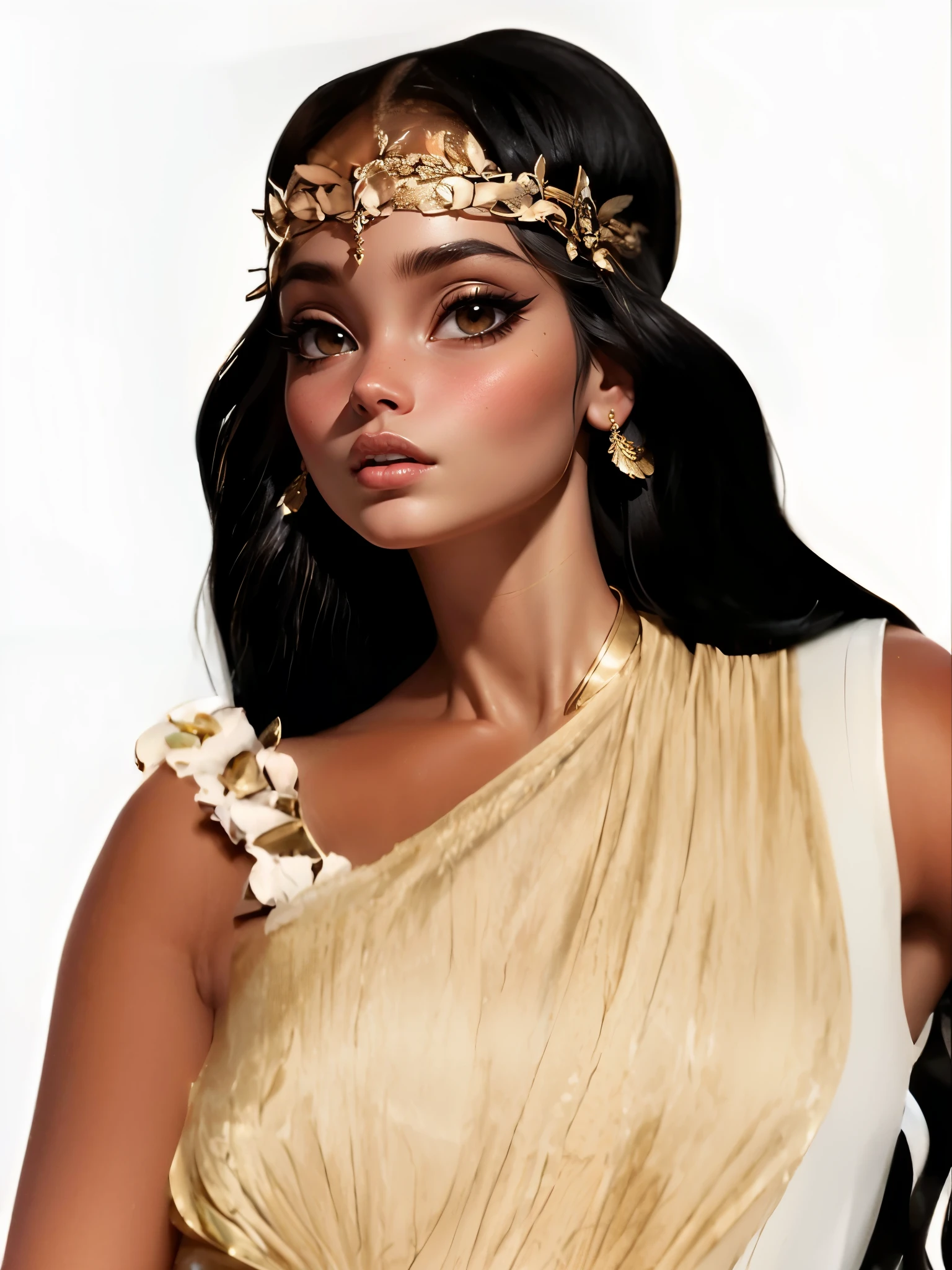 a close up of a woman wearing a gold dress and a flower crown, shanina shaik as medusa, golden goddess, beautiful cleopatra, goddess queen, golden goddess athena, brown skin. light makeup, ornate metal gold headpiece, draped in silky gold, goddess of beauty, greek goddess athena, gold floral headdress, egyptian makeup, roman goddess