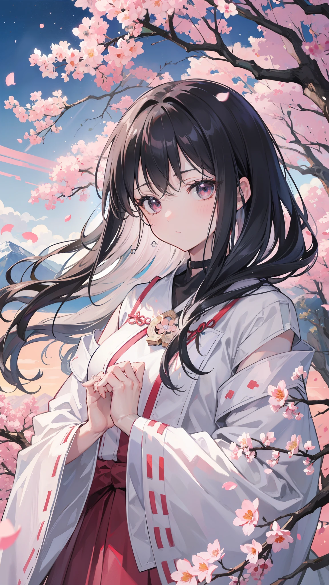 (highest quality, masterpiece),(1 girl, Miko, coat, expression face, black eye, look at the front ,black hair, walk, Upper body), (stray sky at night, huge old tree in the back, Shining pink petals fall behind, shrine in the back, mountain background, blowing wind, meteor cloud)