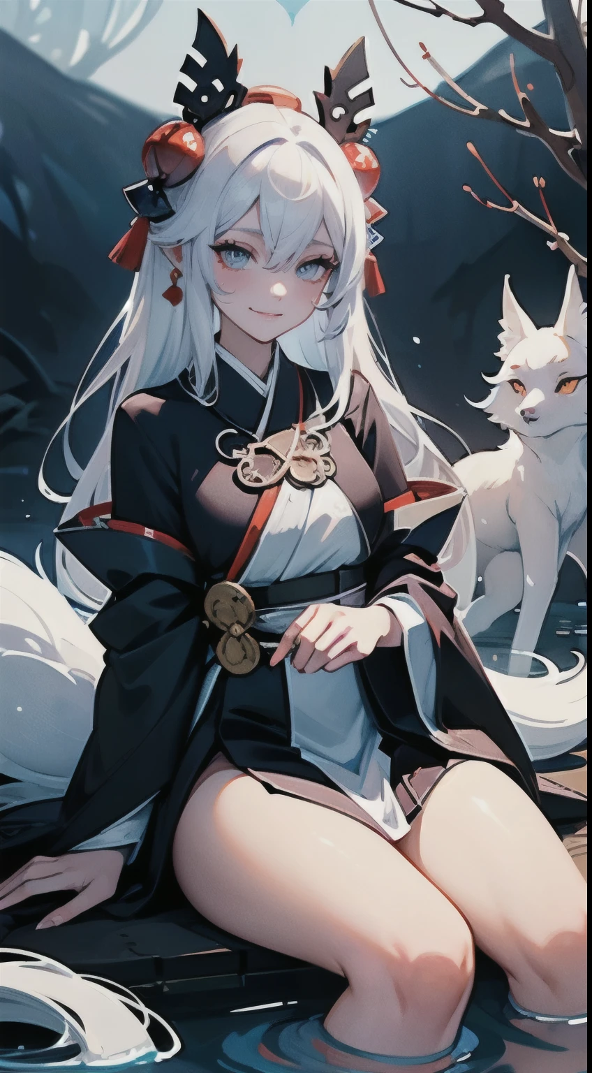 Drawing of a  with white hair sitting on a branch, ethereal , Kyuubi  three-tailed , Onmyoji Detailed Art, Kyuubi, fox ears，Beautiful artistic illustration, mythical creatures, Beautiful digital art work, Beautiful digital illustrations, Water often, 灵感来自mythical creatures Wildnet, Digital art on pixiv, Bright light, high contrast, horror theme, dark atmosphere，seductive，naughty smile，shy，blush，long white hair，sit on the floor，Bright Eyes，