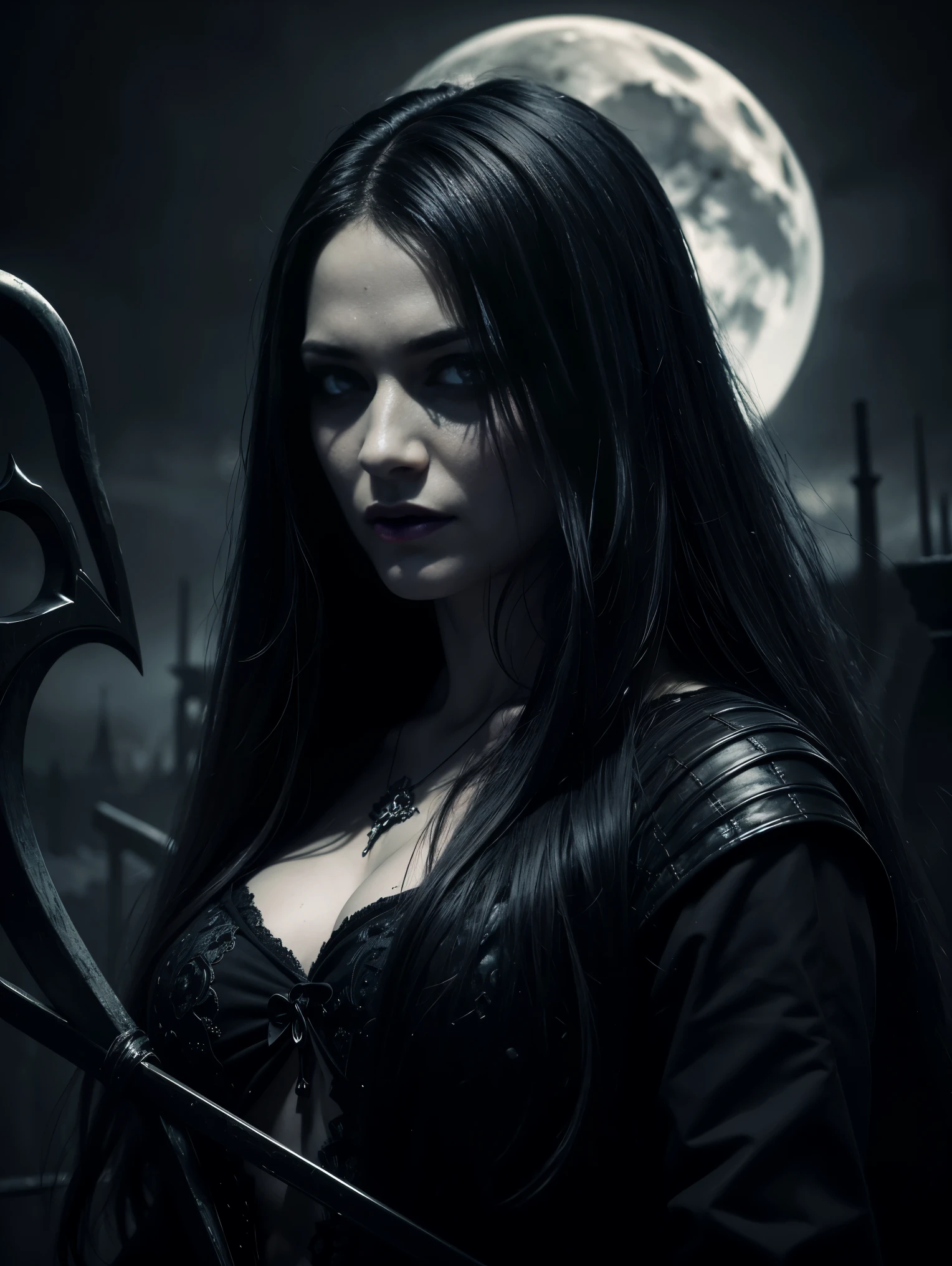(best quality,4k,highres,masterpiece:1.2),(realistic:1.37),ultra-detailed,professional,black gown,dark background,detailed eyes and face,detailed lips,human,beautiful mocking smile,beautiful detailed eyes,beautiful detailed lips,extremely detailed eyes and face,longeyelashes,woman,laughing,scythe,battlefield,corpses,grim reaper,death,death personified,night,moonlight,gothic style,horror scene,emotional,ominous atmosphere,contrast,reflection,shadows,canvas texture,haunting,etching-like detail