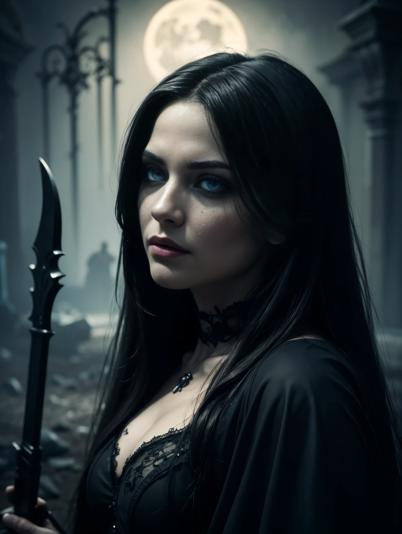 (best quality,4k,highres,masterpiece:1.2),(realistic:1.37),ultra-detailed,professional,black gown,dark background,detailed eyes and face,detailed lips,human,beautiful mocking smile,beautiful detailed eyes,beautiful detailed lips,extremely detailed eyes and face,longeyelashes,woman,laughing,scythe,battlefield,corpses,grim reaper,death,death personified,night,moonlight,gothic style,horror scene,emotional,ominous atmosphere,contrast,reflection,shadows,canvas texture,haunting,etching-like detail