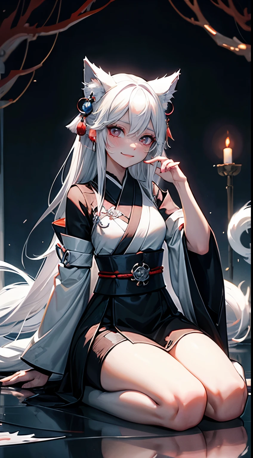 Drawing of a with white hair sitting on a branch, ethereal , Kyuubi three-tailed , Onmyoji Detailed Art, Kyuubi, fox ears,Beautiful artistic illustration, mythical creatures, Beautiful digital art work, Beautiful digital illustrations, Water often, 灵感来自mythical creatures Wildnet, Digital art on pixiv, Bright light, high contrast, horror theme, dark atmosphere,seductive,naughty smile,shy,blush,long white hair,sit on the floor,Bright Eyes,