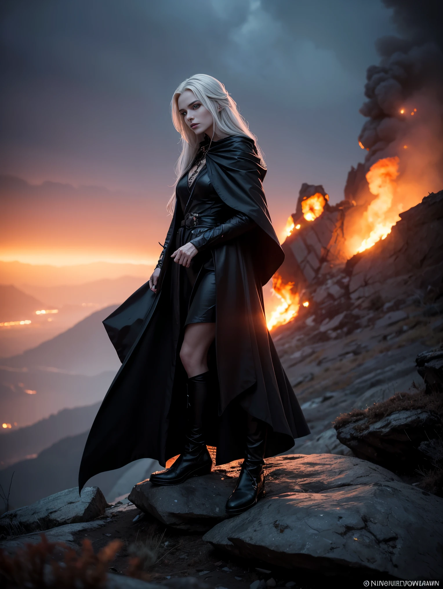 A pale-skinned immortal witch with long silver hair, wearing a flowing black cloak, stands atop a rocky cliff overlooking a blazing apocalyptic landscape. Her eyes glint with amusement as flames engulf the world below, casting an eerie glow on her ethereal features. Smoke billows into the blood-red sky, creating a haunting and mesmerizing scene of destruction and power. cinematic, epic realism,8K, highly detailed 