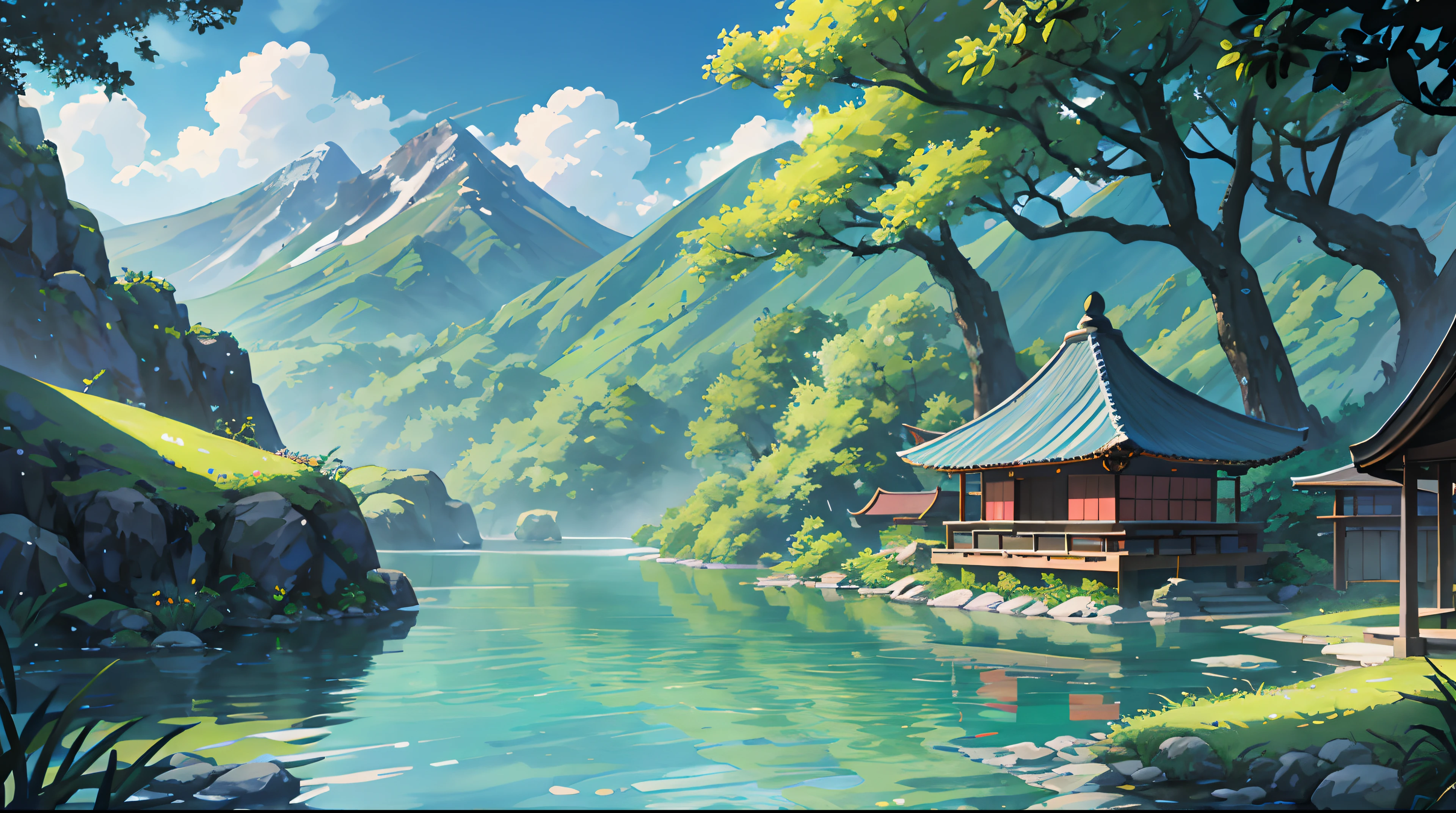Chinese antiquity、springtime、jungles、lakes、hole in the mountains,The tree、grassy fields、Rochas、fawn、hot onsen、water flowing、(illustratio:1.0)、Epic composition、Realistic lighting、high definition detail、tmasterpiece、Best quality,(非常详细的 CG 统一 8k 壁纸)