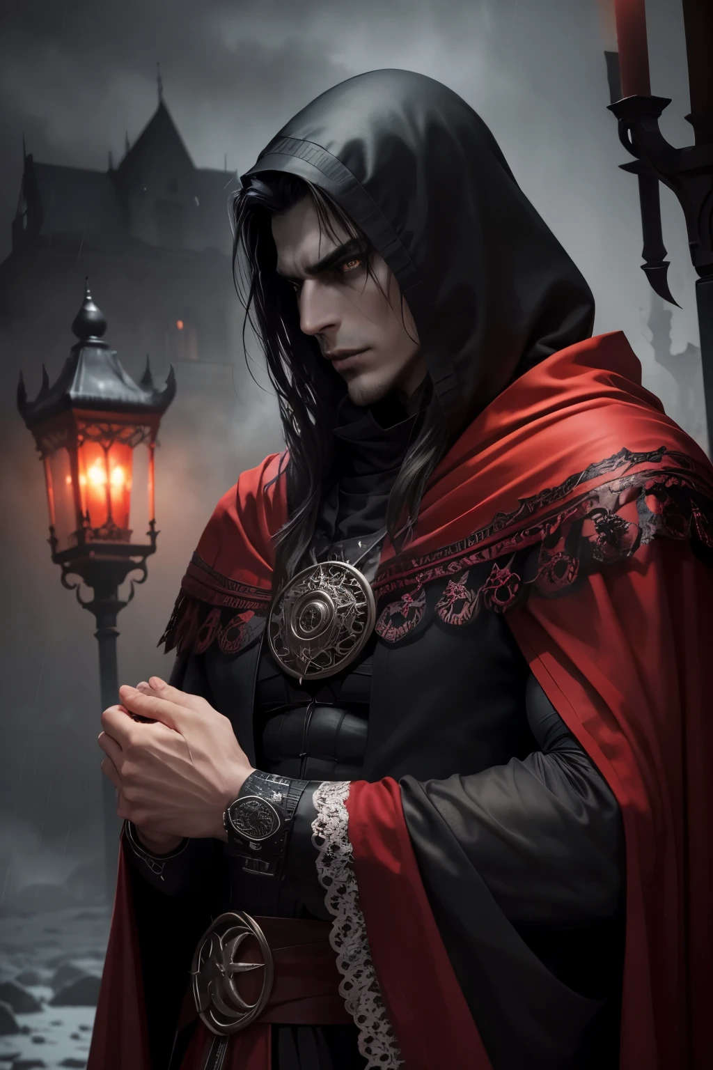 Dark muscular man, evil lord, Black hair, Black and red cloak, piercing glowing green eyes, menacing expression on his face, powerful aura, standing in a dimly lit room,, casting eerie shadows, , decorated with intricate details, with a sinister grin, Creates an aura of darkness, With a frightening presence, in a gothic castle, with impressive architecture, shrouded in mist, under the blood red moon, amidst the gathering storm, Creating an ominous atmosphere, Reminds me of the cover of a dark fantasy novel., With spectacular lighting, emphasizing the contrast between light and shadow, evoking a sense of mystery and danger, with a touch of supernatural elements and captivating artistry.