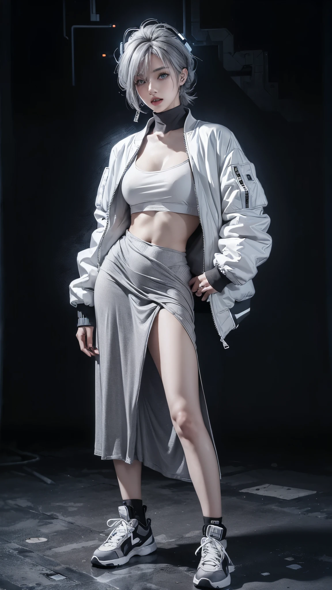(anime:1.3), (all body shot, fashion portrait:1.6), ultra detailed, beautiful, masterpiece, best quality, _ BREAK (1girl:1.2), 22 years old, 160 cm, Japanese cute model, (Tightened all body, medium Breasts:1.4), small head, small face, diamond Face, small nose, Sharp Faceline, young hands and fingers, beautiful hands and fingers, five fingers, _ BREAK (Glossy Lips:1.3), (Light color lips, Half open mouth, beautiful Teeth:1.2), (dropy eyes, Double eyelid, light color eyes:1.4), _ BREAK (arranged hairstyle:1.3), (gray hair:1.3), _ BREAK (gray background:1.4), Fog, mist, _ BREAK (wide angle, all body shot:1.7), (standing, from below:1.4), (cool beauty model posing:1.4), (from front white lightning), BREAK (Cyber punk with sports theme:1.8), (black and white theme:1.4), (training shirt:1.3),(ultra Soft fabric oversize Bomber jacket:1.6), (Thick hi Collar:1.4), (jacket ( Wide, short, 1/4 short Length, baggy, Wide hem):1.7), (Perfect jacket:1.4), (Close the zipper:1.35), BREAK (low Waist A-line maximum long skirt:1.6), (maximum Length A-line skirt:1.6), (perfect and Detailed all body wear:1.5), (Cyber punk hi cut Cyber Reflecting Sneaker:1.5),