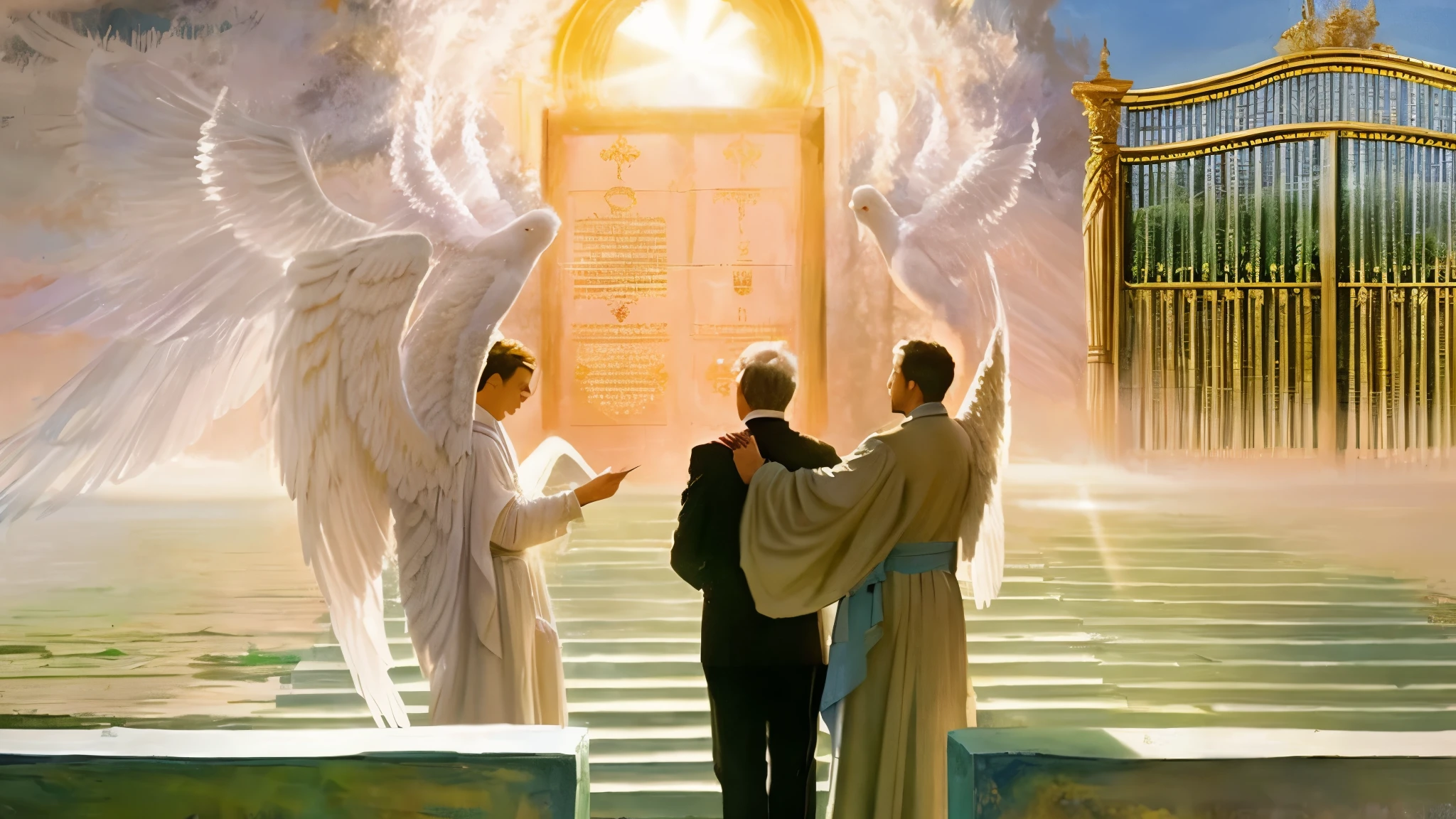 painting of two angel wearing white cloths standing and guiding a man wearing black suit, in front of a gate with a sun shining, gold gates of heaven!!!!!!!!, angel from the left side has bird wings, by John La Gatta, the gates of heaven, gates of heaven, by Bernard Meninsky, by Minerva J. Chapman, by Ren Bonian, godly and ethereal, by Juliusz Kossak, by Herbert Abrams, realistic image, 16k resolution