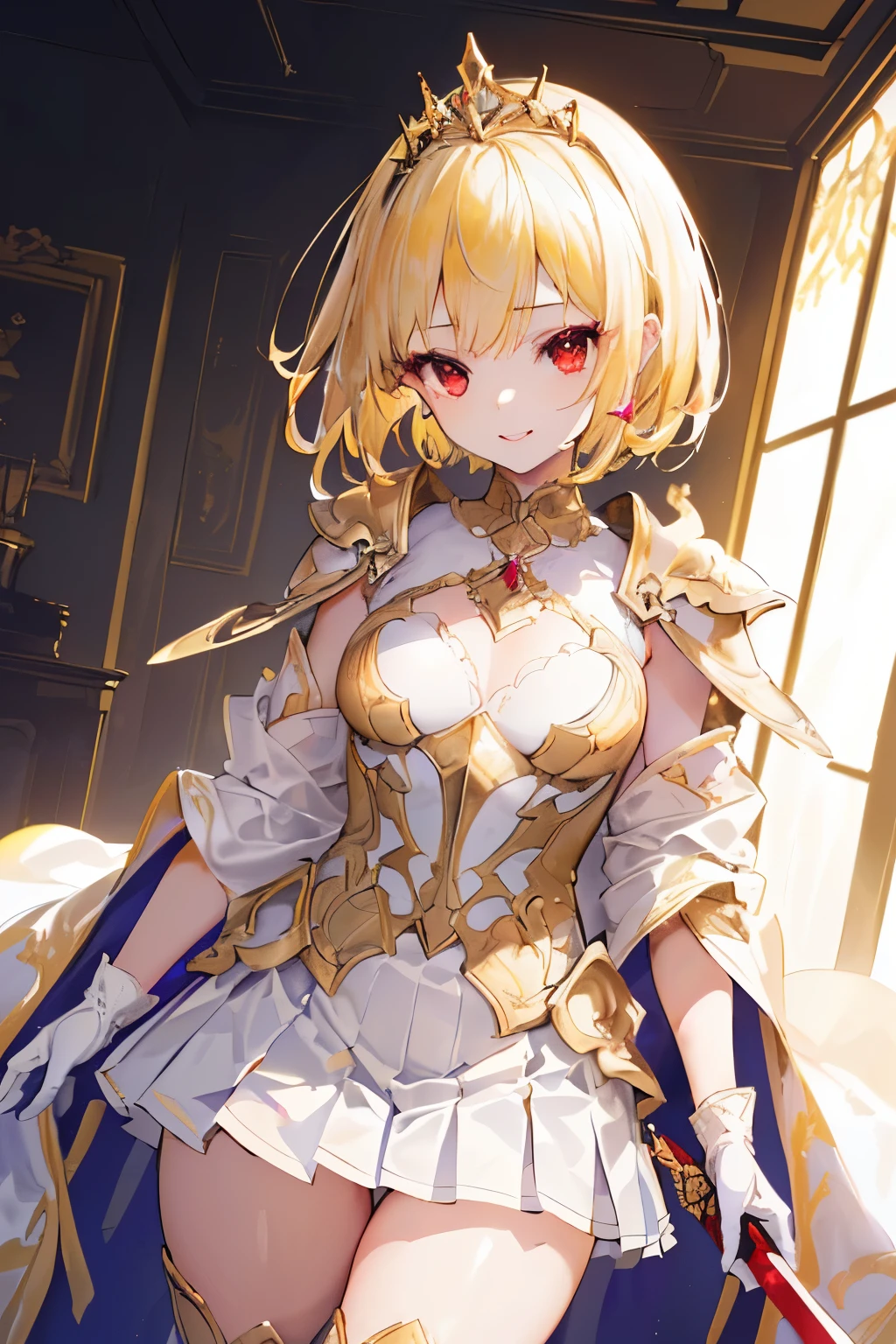 (((1girl))), ((best quality)), ((masterpiece)), ((ultra-detailed)), (illustration), (detailed light), (an extremely delicate and beautiful), (beautiful detailed eyes), (sunlight), ((extremely light)), ((extremely clothes)), (((hyper detail))),(((((front lighting))))),(((((front light))))),
((((quite adorable and white and gold armor with a pleated skirt and robe and tiara)))),
((((Excutioner)))),
,
(((wavy short manish bob))), ((((yellow gold hair)))), ((((short hair)))),
(((deep red eyes))),
((((whole body)))), aged 5 8, ((((())))), ((((very adorable young girl)))),
((condescending expression)), ((mischievous smile with sexual satisfaction)), (((extra adorable))), (((((extra slender shape))))),
(((((extremely beautiful detailed face))))),
(((bravely standing with a sword))),
(((elegant boots))),
(Dutch angle), (((elegant gloves))), ((transparent magical underskirt)), ((a little bit exposed adorable magical panties))