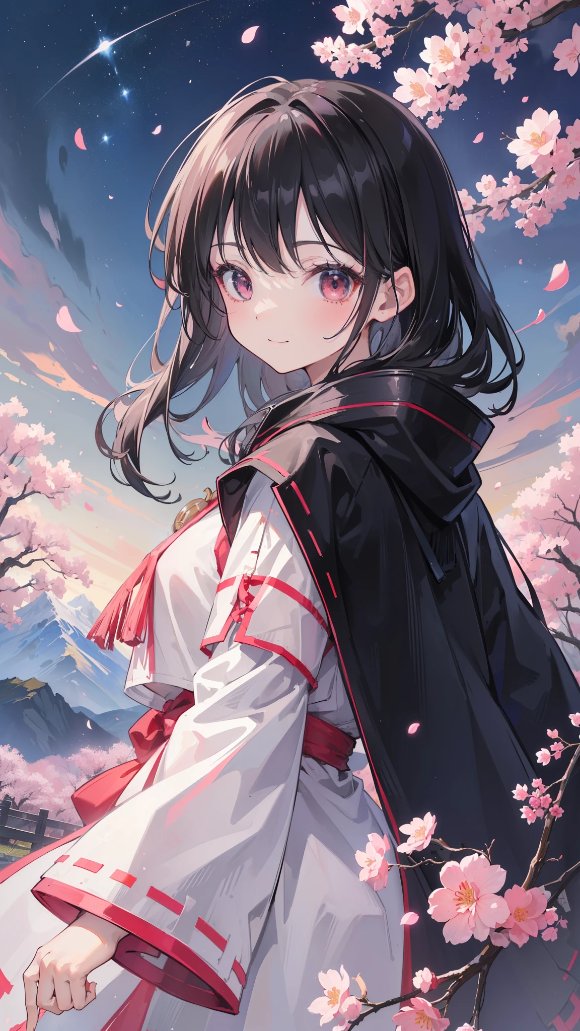 (32k), (highest quality, masterpiece),(1 girl, Miko, coat, expression face, black eye, look at the front ,black hair, walk, Upper body), (stray sky at night, huge old tree in the back, Shining pink petals fall behind, shrine in the back, mountain background, blowing wind, meteor cloud), (cute smile),