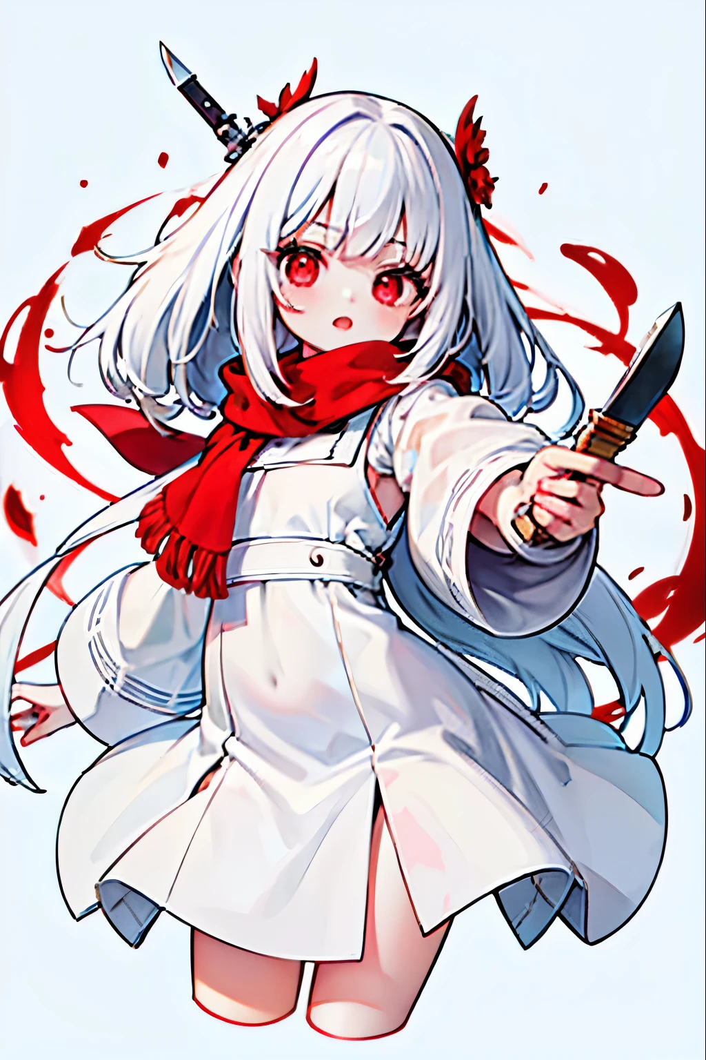 1girl, long white hair, red eyes , wearing plain white dress , red scarf crossed out, red flower on right side hair, room, holding knife, absurdres, high res, ultrasharp, 8K, masterpiece, looking at viewer, holding knife, no bad facial anatomy, no bad anatomy, no bad hands anatomy, no bad fingers anatomy