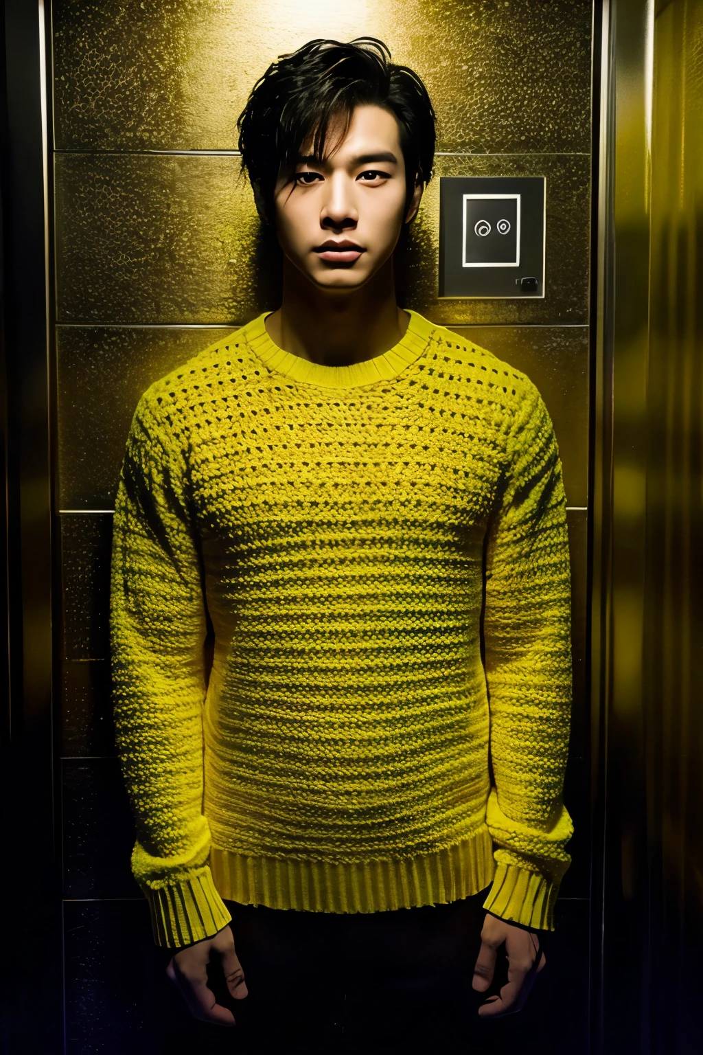 Draw a front view of a handsome Korean man wearing a yellow knit, standing with a blank face in a dark elevator.
