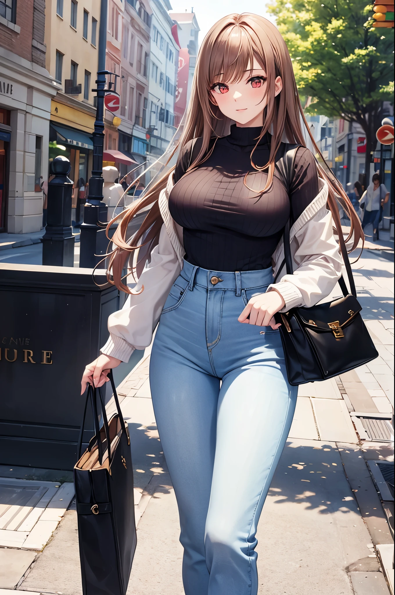 Game , goddess of victory nikke, Rapi , light brown hair, alluring eyes ,beautiful face , crystal red eyes , long hair ,sweater shirt, long sleeve, v neck, cream colour shirt, trousers, jean trousers, 1 hand bag, cheerful eyes, ,g cup breast, slender waist, bewitching thighs, , five fingers each hand, two hand ,two leg , in town, date, standing, beautiful, high heels, daylight, recreation park,