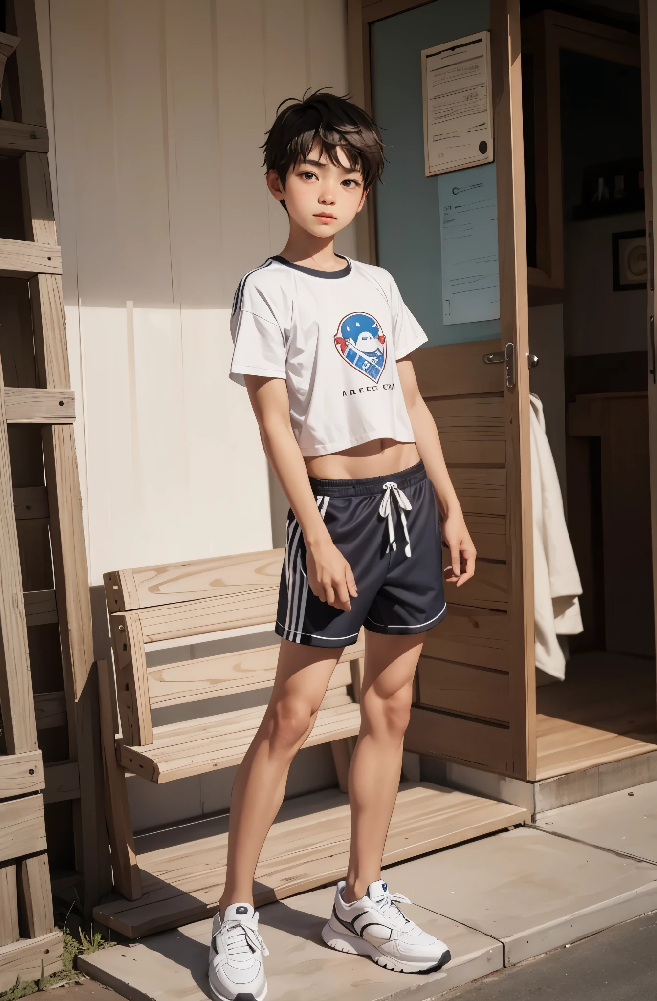 boy, boy,detailed face,Detailed eyes, sporty and muscular, imberbe, jambe imberbe, Face to the camera, Outside, camisole blanche sexy et collante