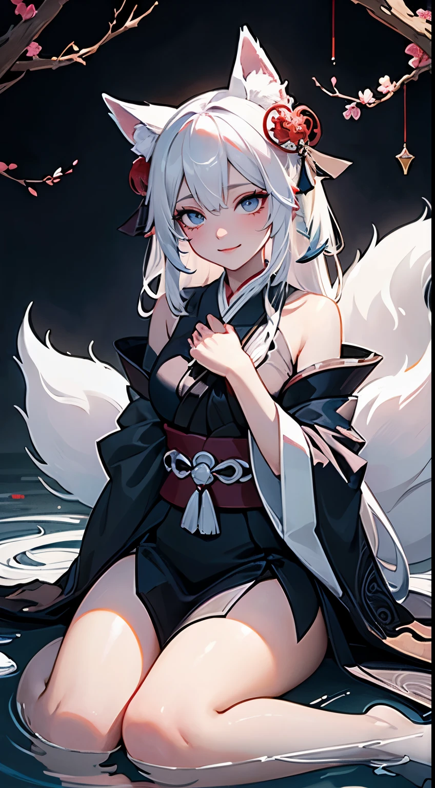 Drawing of a  with white hair sitting on a branch, ethereal , Kyuubi  three-tailed , Onmyoji Detailed Art, Kyuubi, fox ears，Beautiful artistic illustration, mythical creatures, Beautiful digital art work, Beautiful digital illustrations, Water often, 灵感来自mythical creatures Wildnet, Digital art on pixiv, Bright light, high contrast, horror theme, dark atmosphere，seductive，naughty smile，shy，blush，long white hair，sit on the floor，Bright Eyes，